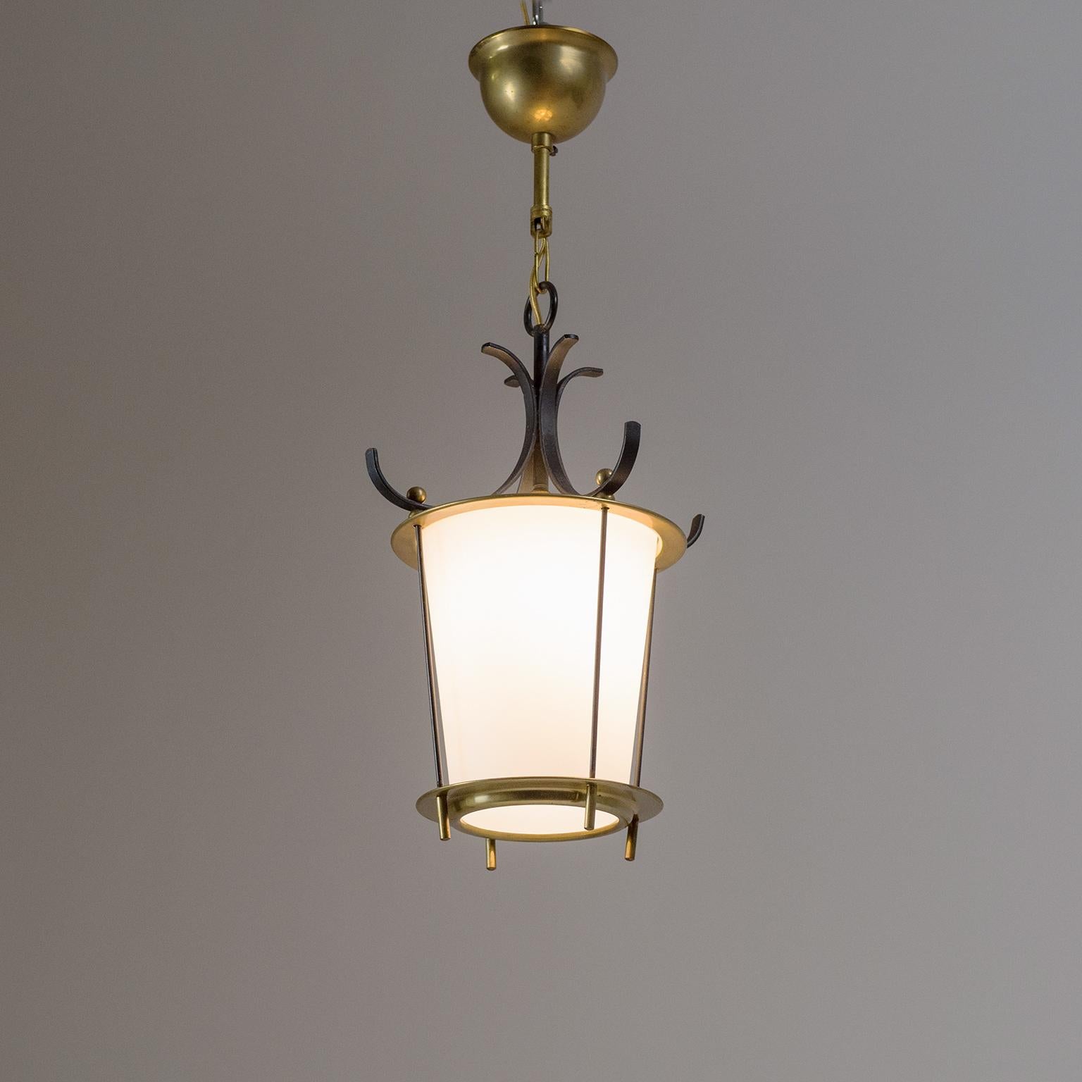 1950s Lantern, Satin Glass, Brass and Black Lacquered 1