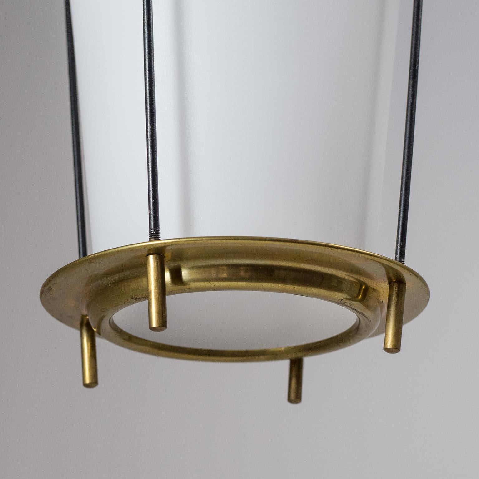 Steel 1950s Lantern, Satin Glass, Brass and Black Lacquered