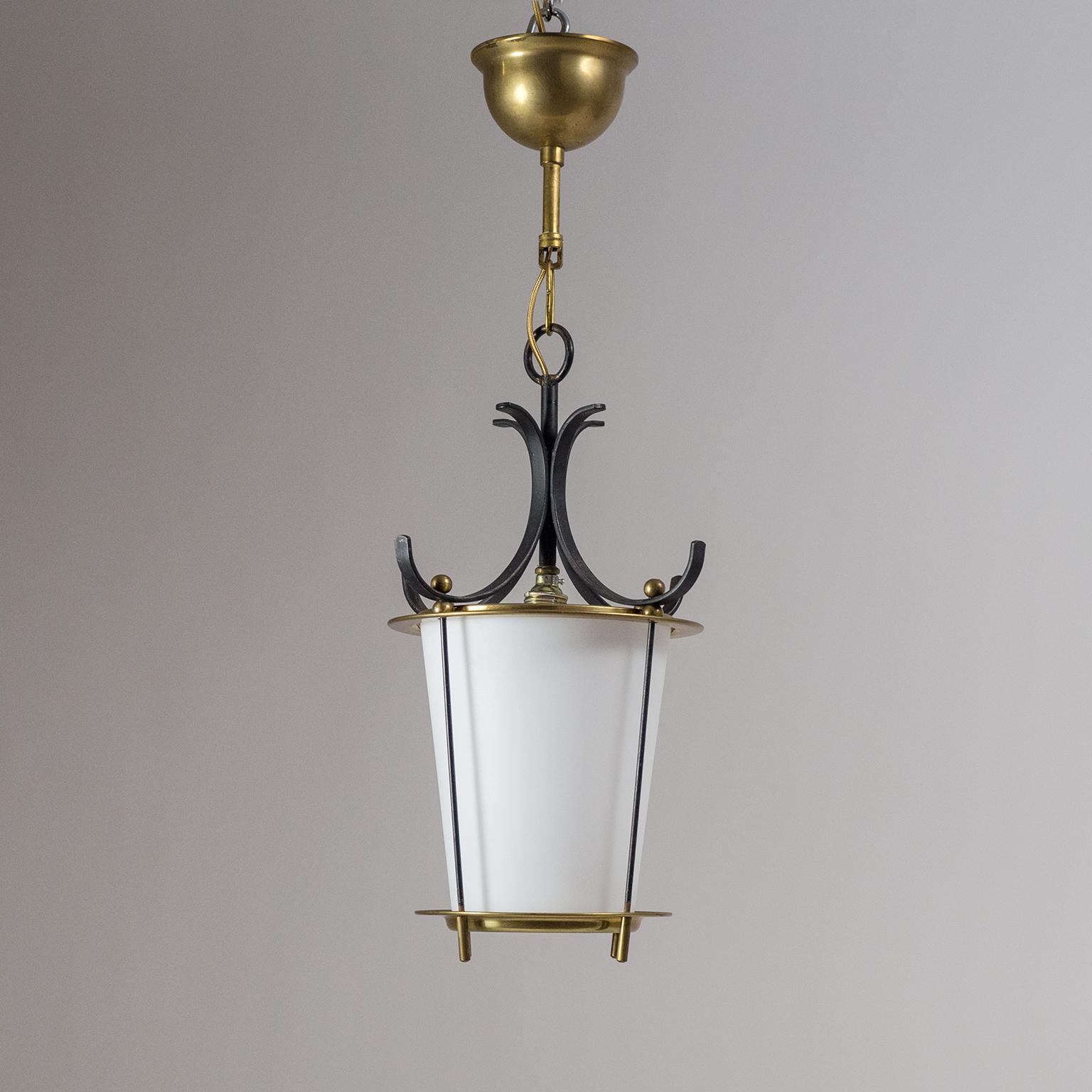 Frosted 1950s Lantern, Satin Glass, Brass and Black Lacquered