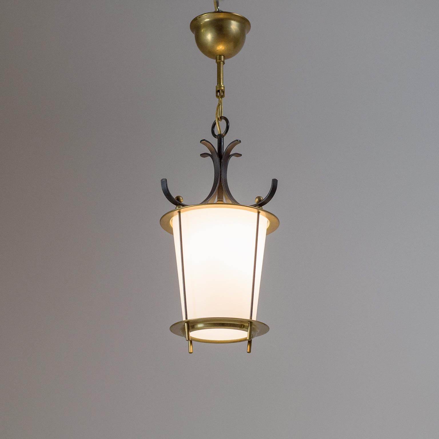 Mid-Century Modern 1950s Lantern, Satin Glass, Brass and Black Lacquered