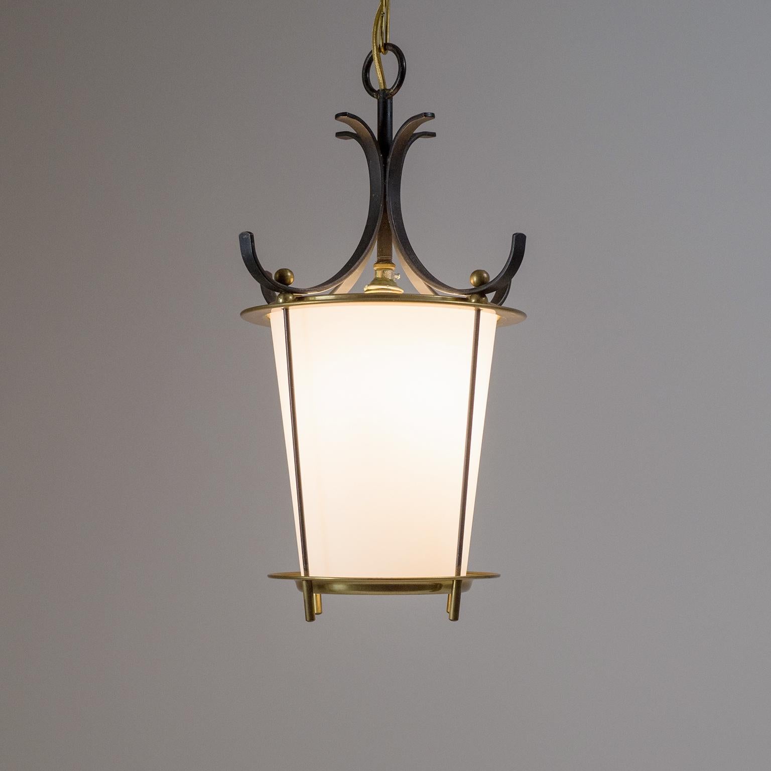 European 1950s Lantern, Satin Glass, Brass and Black Lacquered