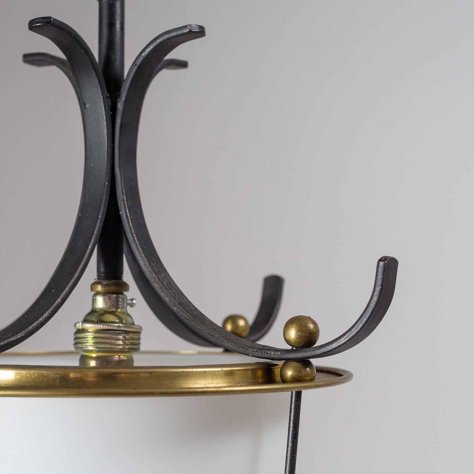 1950s Lantern, Satin Glass, Brass and Black Lacquered In Good Condition In Vienna, AT