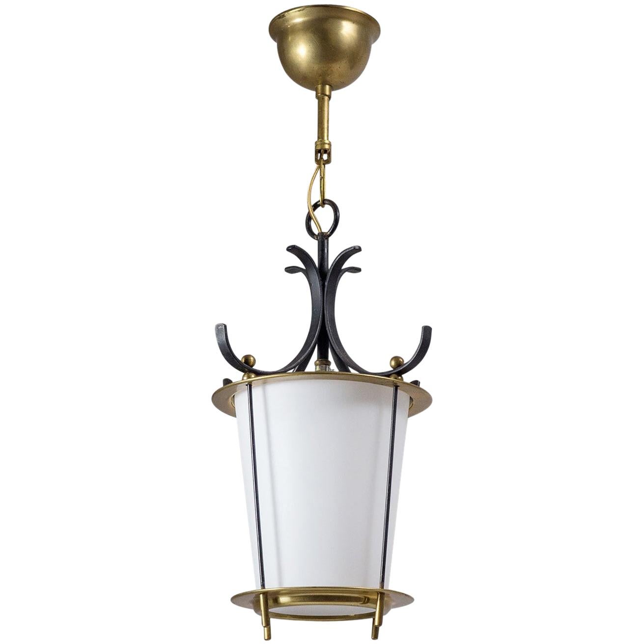 1950s Lantern, Satin Glass, Brass and Black Lacquered