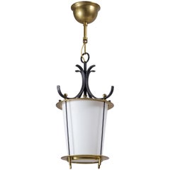 1950s Lantern, Satin Glass, Brass and Black Lacquered