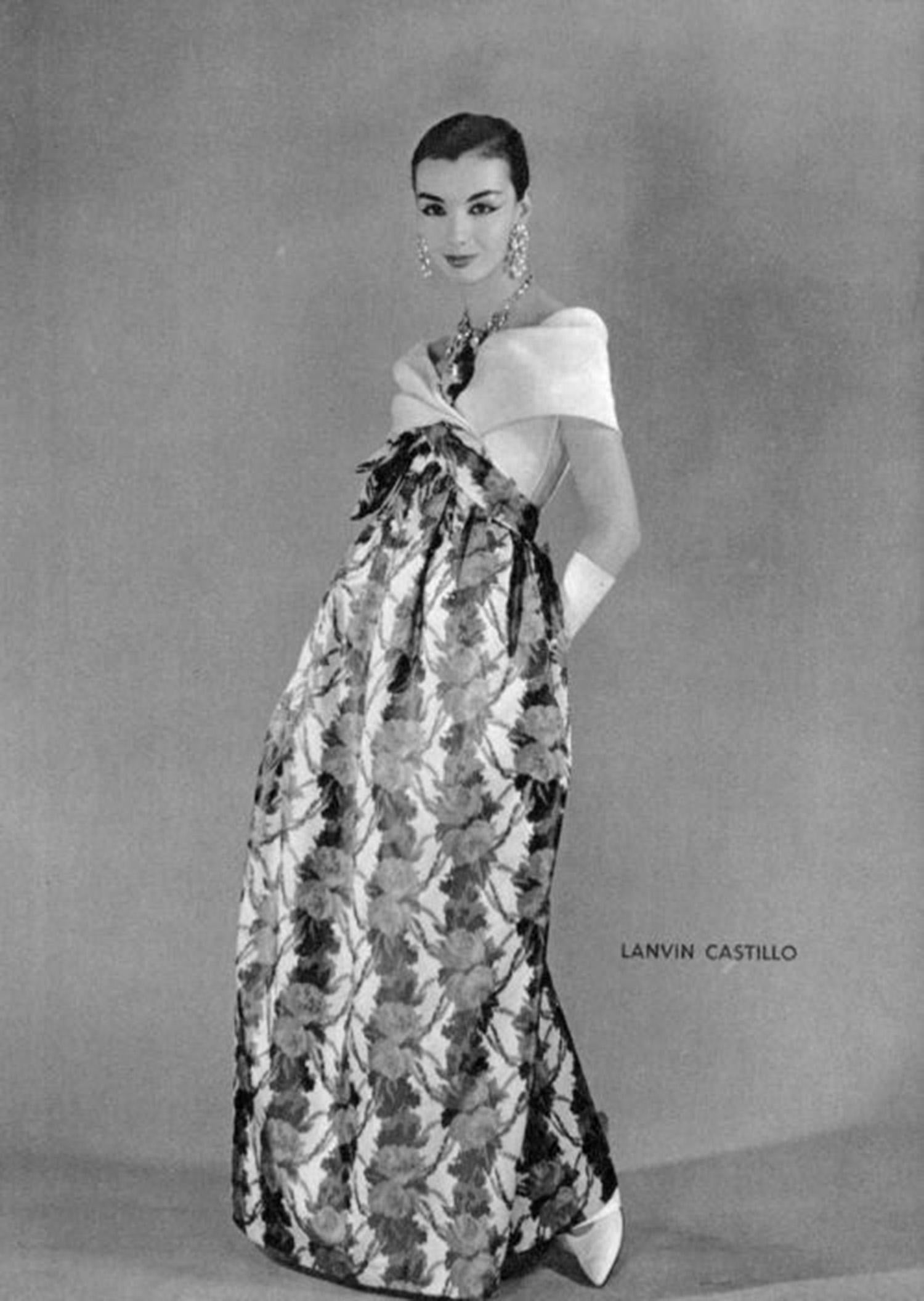1950s Lanvin Castillo Haute Couture Watercolor Floral Silk Print Full-Skirt Gown For Sale 7