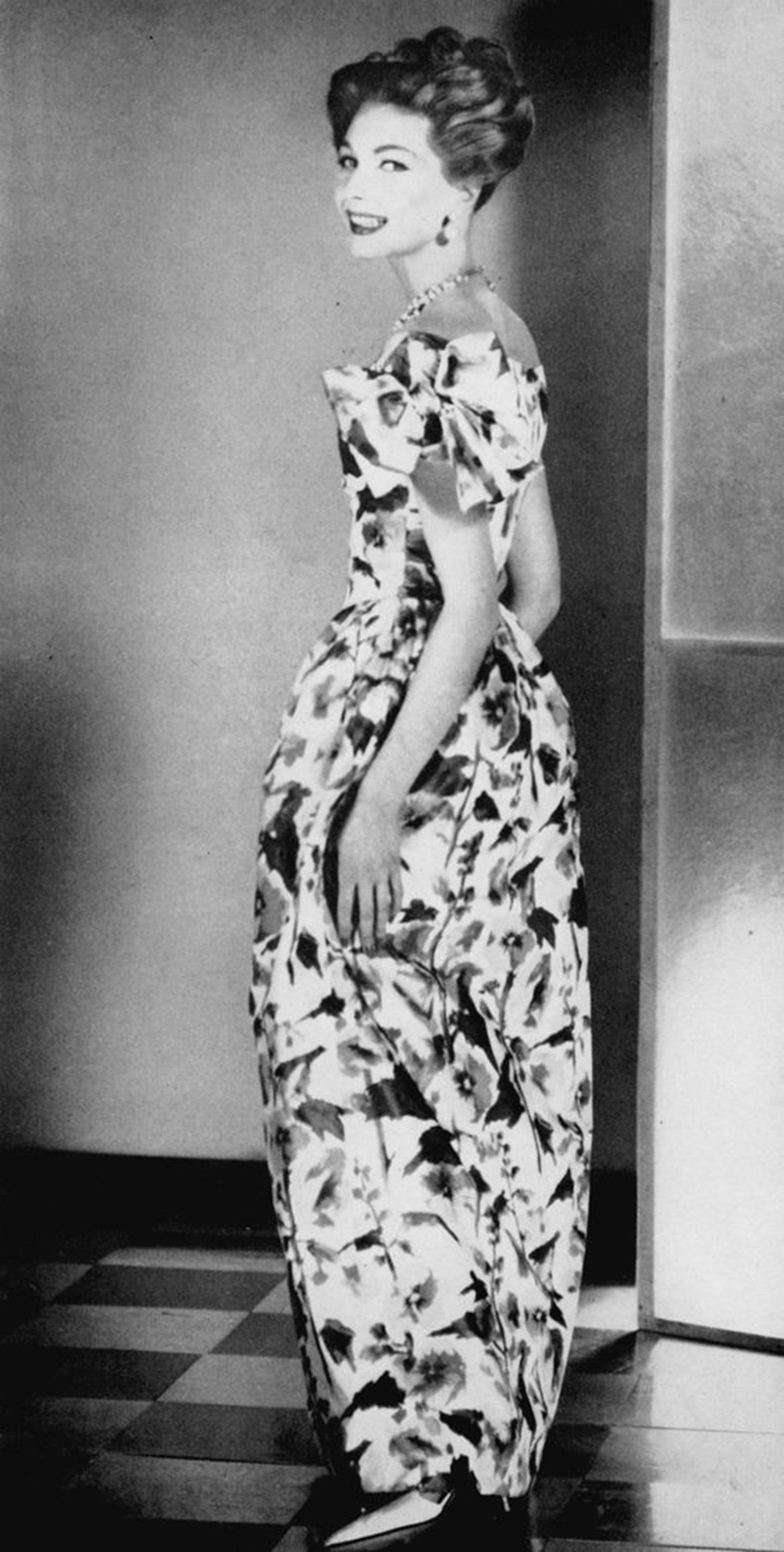 1950er Lanvin Castillo Haute Couture Full-Skirt-Kleid mit Aquarell-Blumendruck aus Seide mit Blumenmuster im Angebot 11