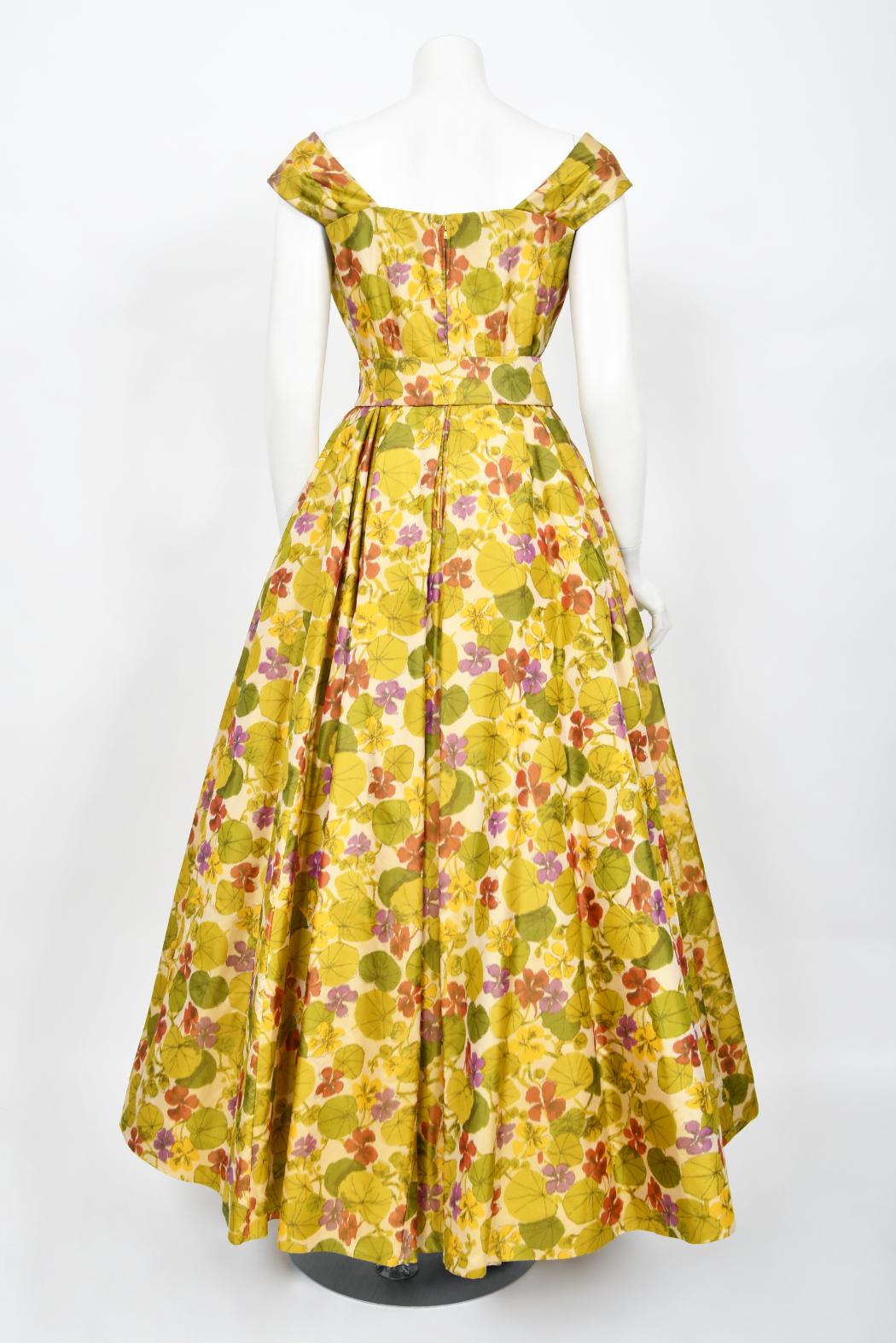1950er Lanvin Castillo Haute Couture Full-Skirt-Kleid mit Aquarell-Blumendruck aus Seide mit Blumenmuster im Angebot 13