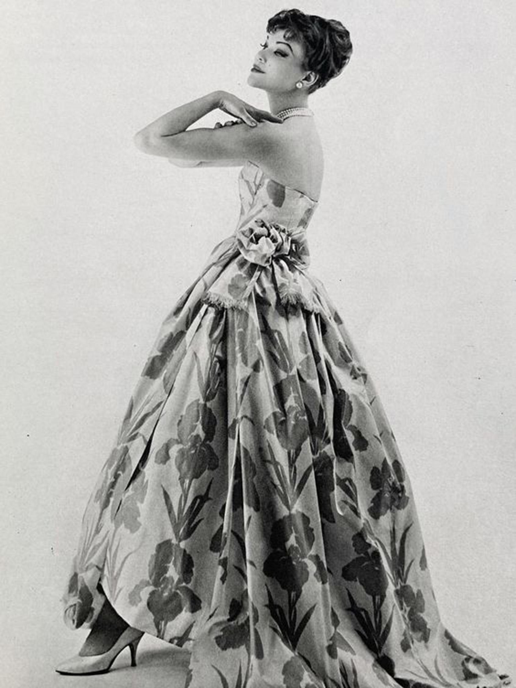 1950er Lanvin Castillo Haute Couture Full-Skirt-Kleid mit Aquarell-Blumendruck aus Seide mit Blumenmuster im Zustand „Gut“ im Angebot in Beverly Hills, CA