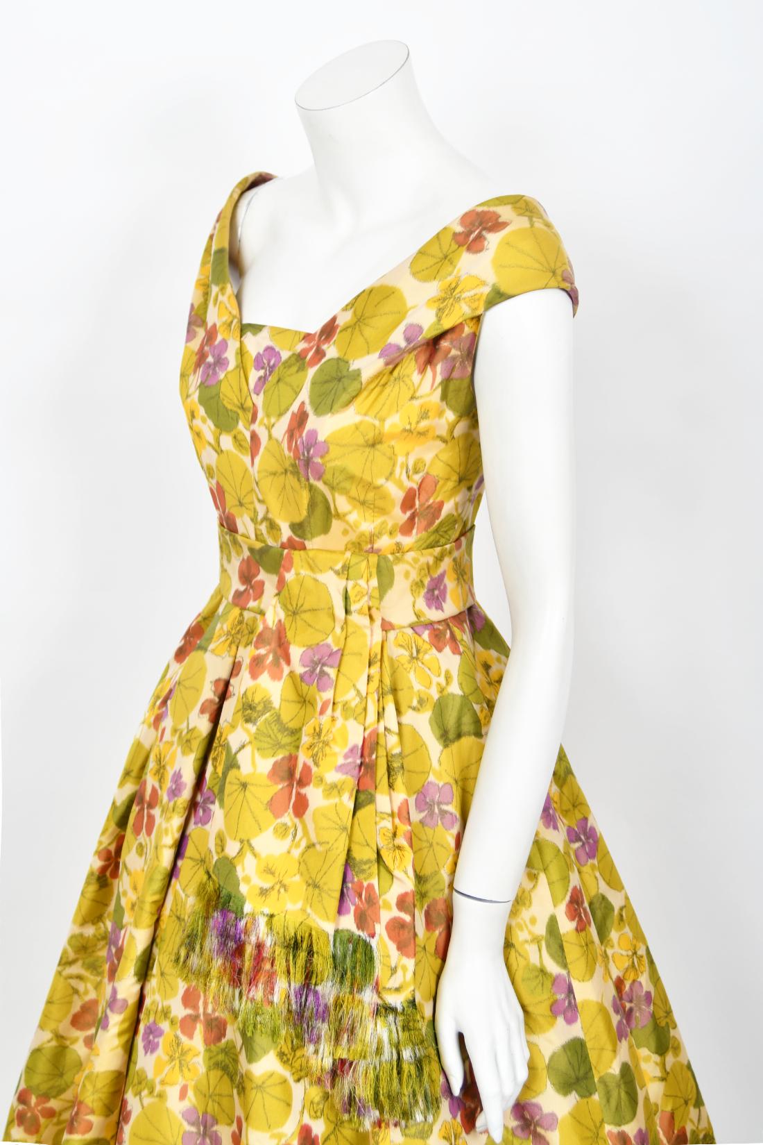 Brown 1950s Lanvin Castillo Haute Couture Watercolor Floral Silk Print Full-Skirt Gown For Sale