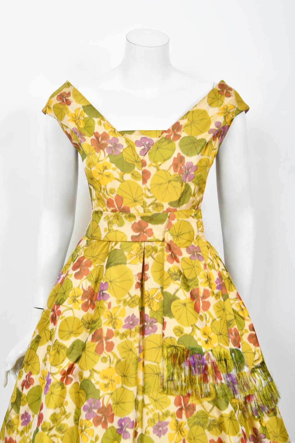 Archival 1950s Lanvin Haute Couture Watercolor Floral Silk Print Full-Skirt Gown In Good Condition For Sale In Beverly Hills, CA