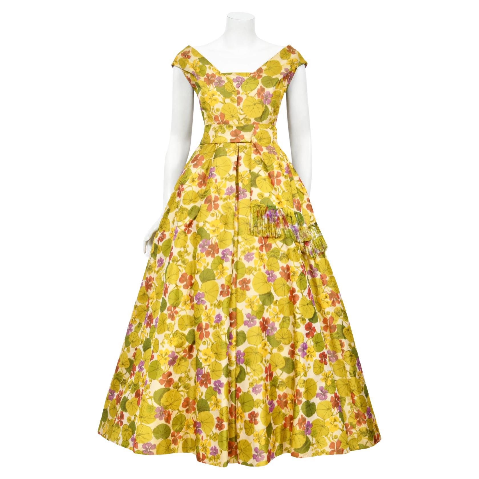 1950s Lanvin Castillo Haute Couture Watercolor Floral Silk Print Full-Skirt Gown For Sale