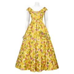 Retro 1950s Lanvin Castillo Haute Couture Watercolor Floral Silk Print Full-Skirt Gown