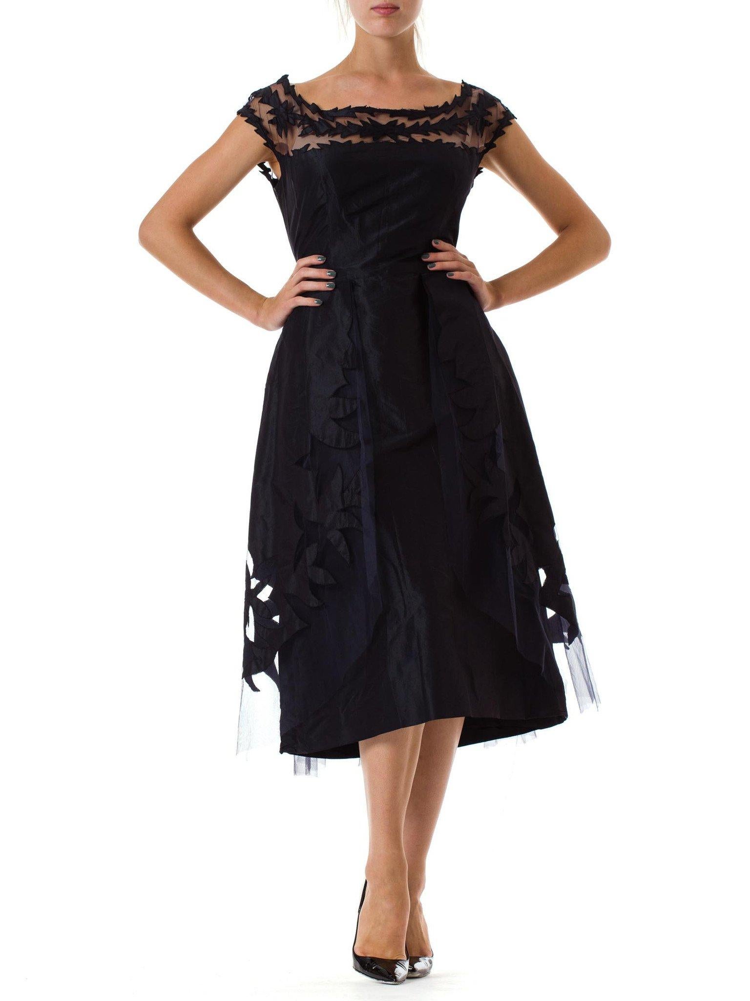 Black 1950S LANVIN Style Navy Blue Silk Taffeta Robe De Tulle Overlay Cocktail Dress