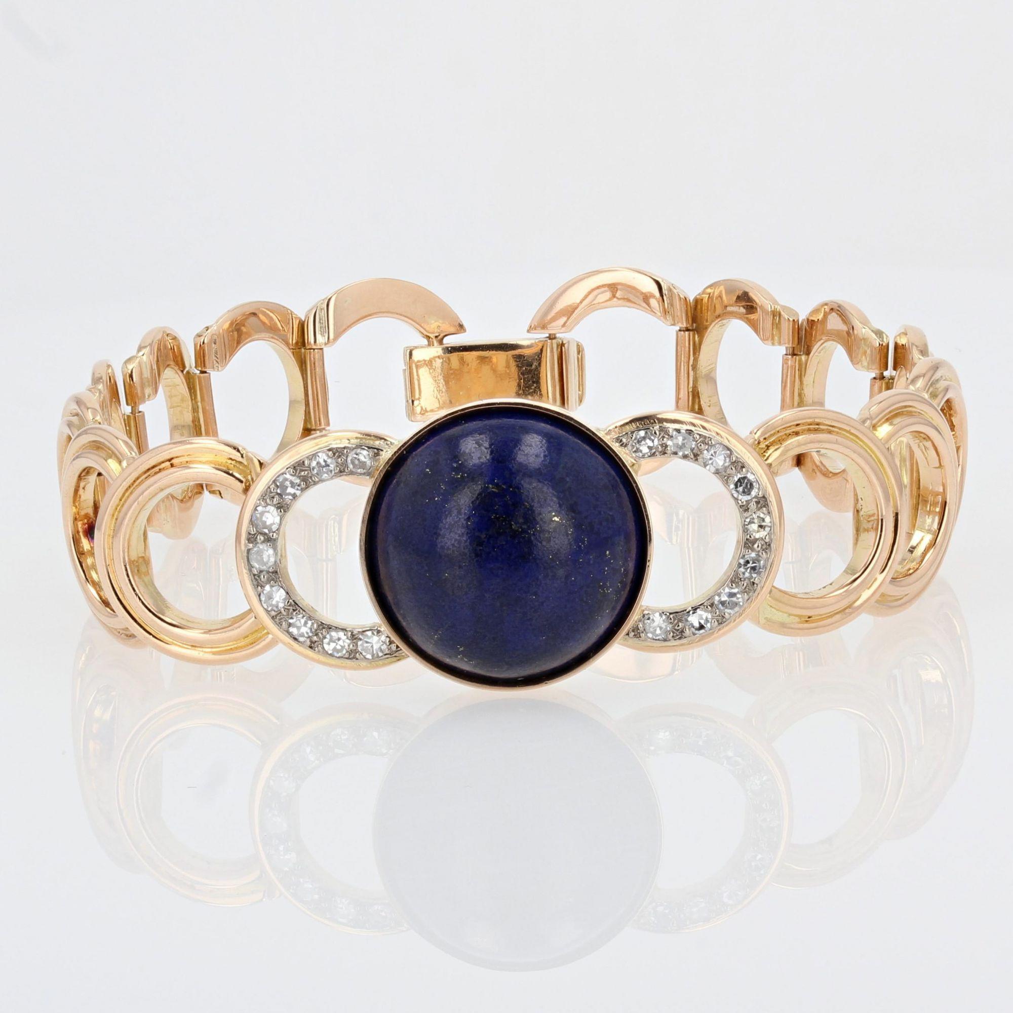 Retro 1950s Lapis Lazuli Cabochon Diamonds 18 Karat Yellow Gold Bracelet For Sale