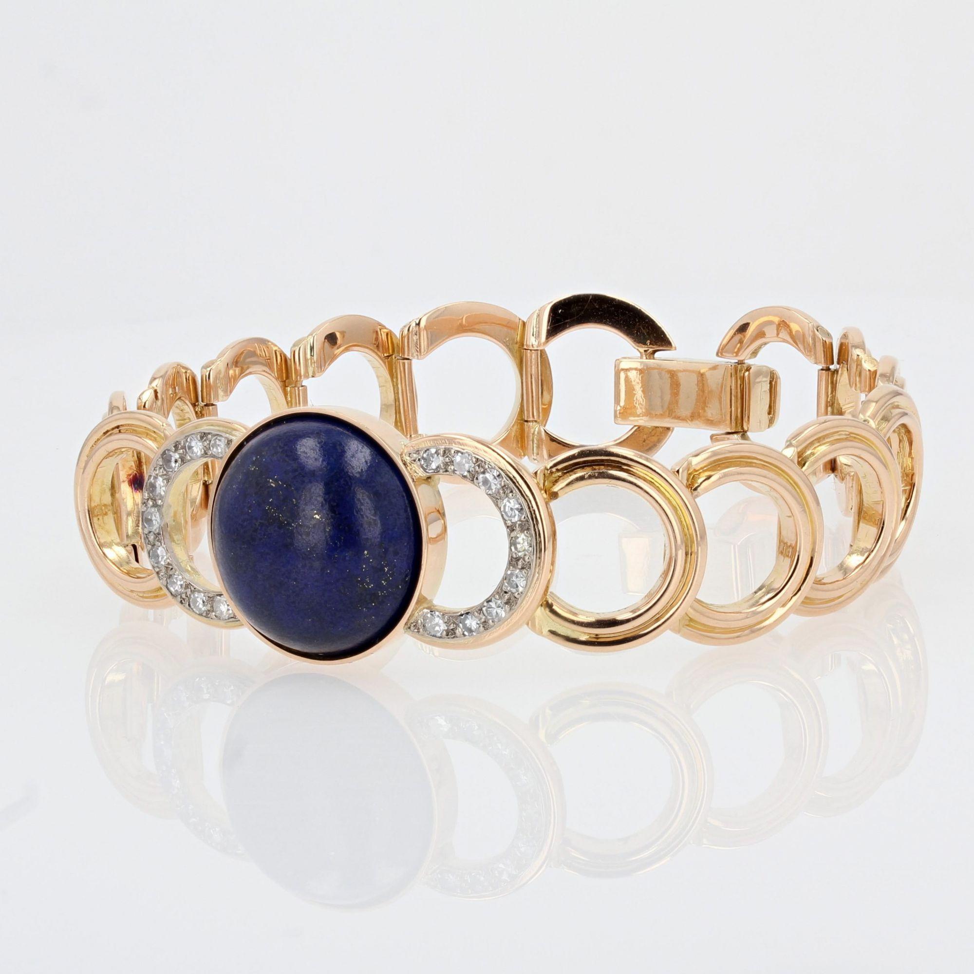 1950s Lapis Lazuli Cabochon Diamonds 18 Karat Yellow Gold Bracelet In Good Condition For Sale In Poitiers, FR