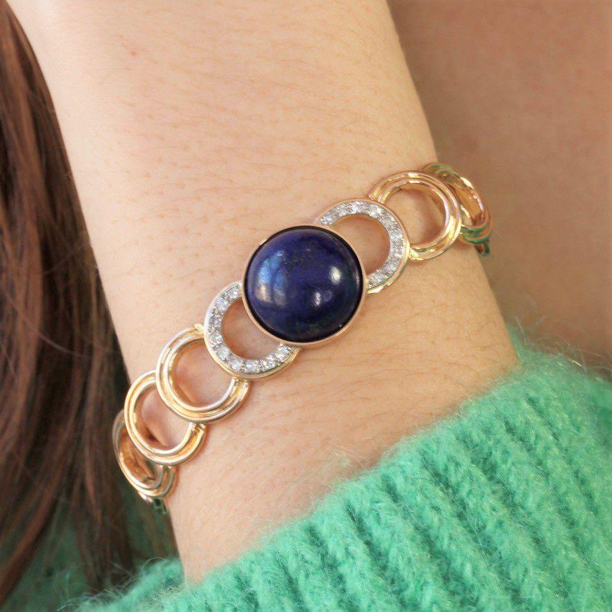 1950s Lapis Lazuli Cabochon Diamonds 18 Karat Yellow Gold Bracelet For Sale 1