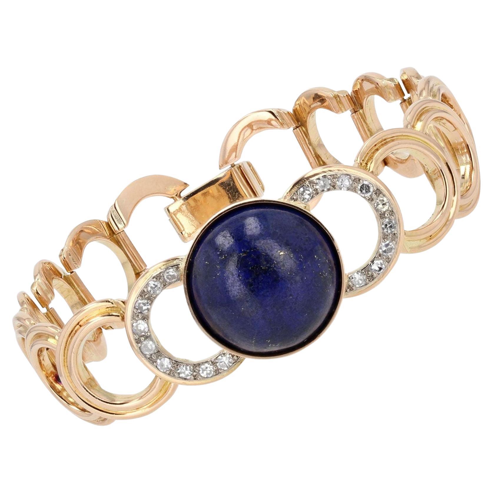 Bracelet en or jaune 18 carats avec cabochons de lapis-lazuli et diamants, annes 1950