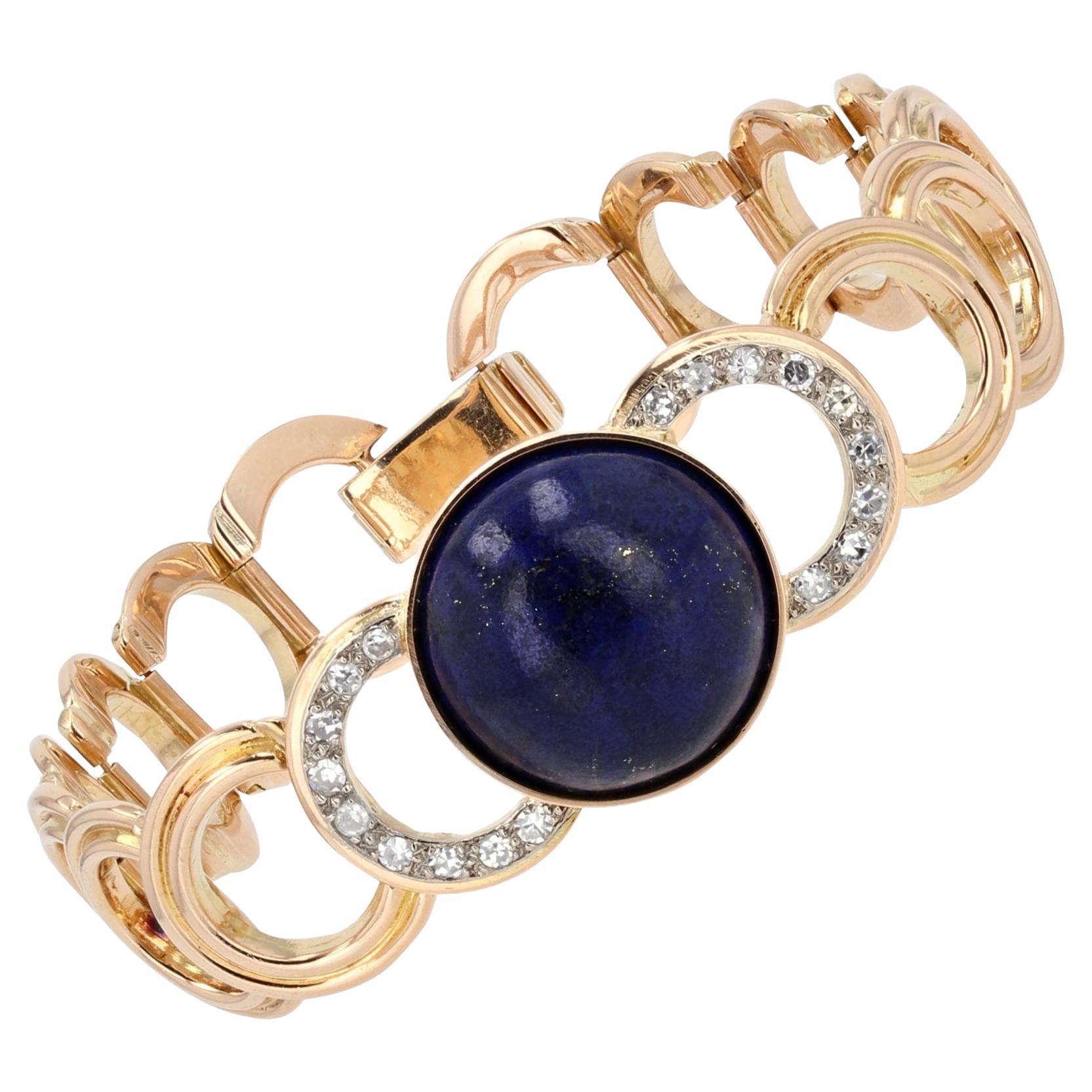 1950s Lapis Lazuli Cabochon Diamonds 18 Karat Yellow Gold Bracelet