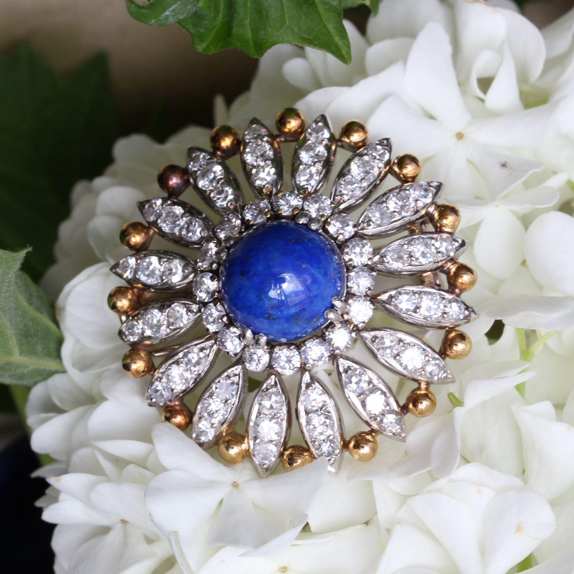 Women's 1950s Lapis Lazuli Diamonds 18 Karat Yellow White Gold Brooch For Sale