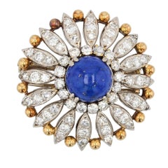 Vintage 1950s Lapis Lazuli Diamonds 18 Karat Yellow White Gold Brooch