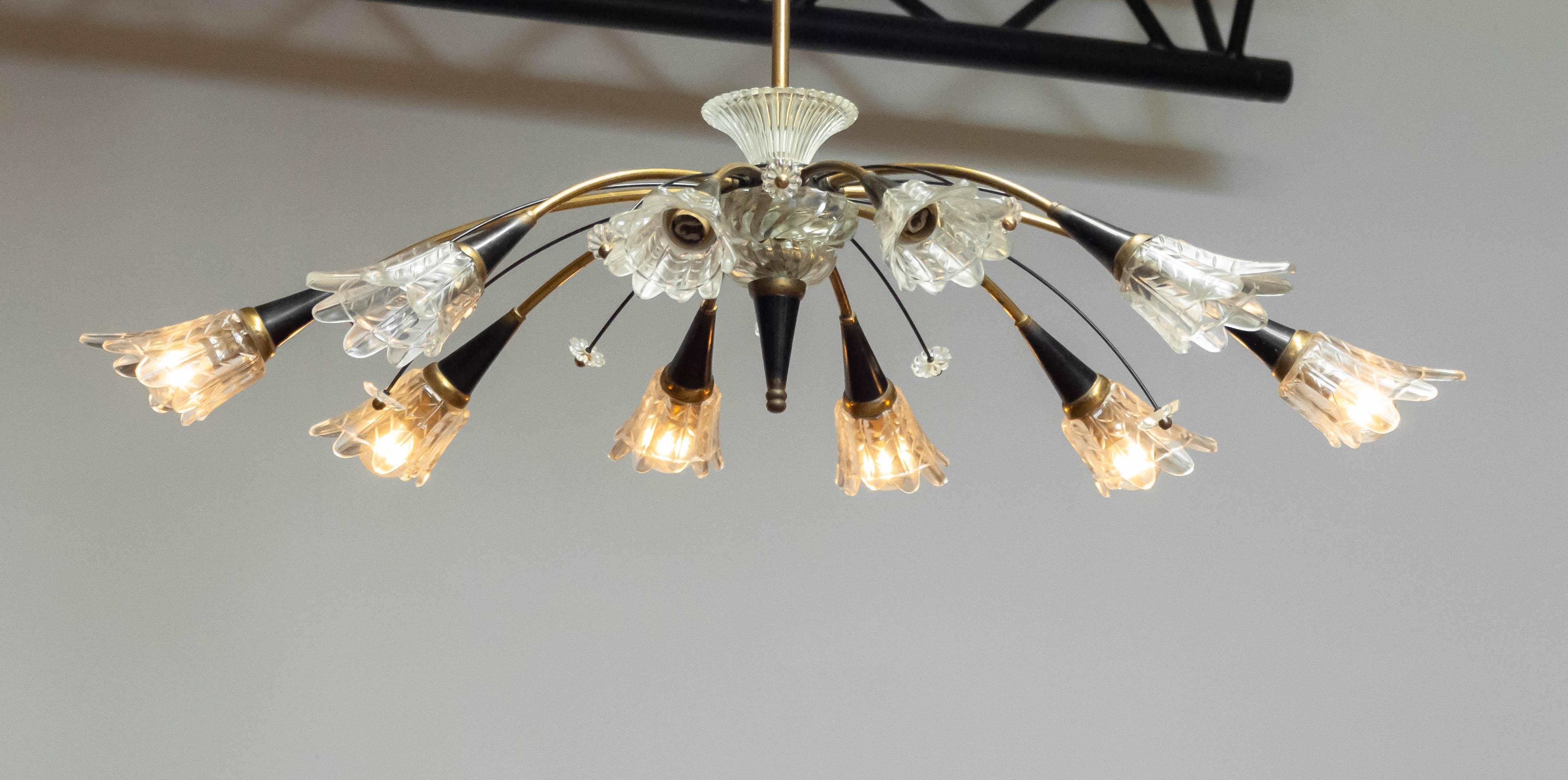 Mid-20th Century 1950's Large 10 Arms Oval Black, Brass and Art Glass Chandelier by Maison Lunel
