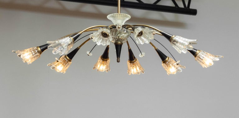 Mid-20th Century 1950's Large 10 Arms Oval Black, Brass and Art Glass Chandelier by Maison Lunel For Sale
