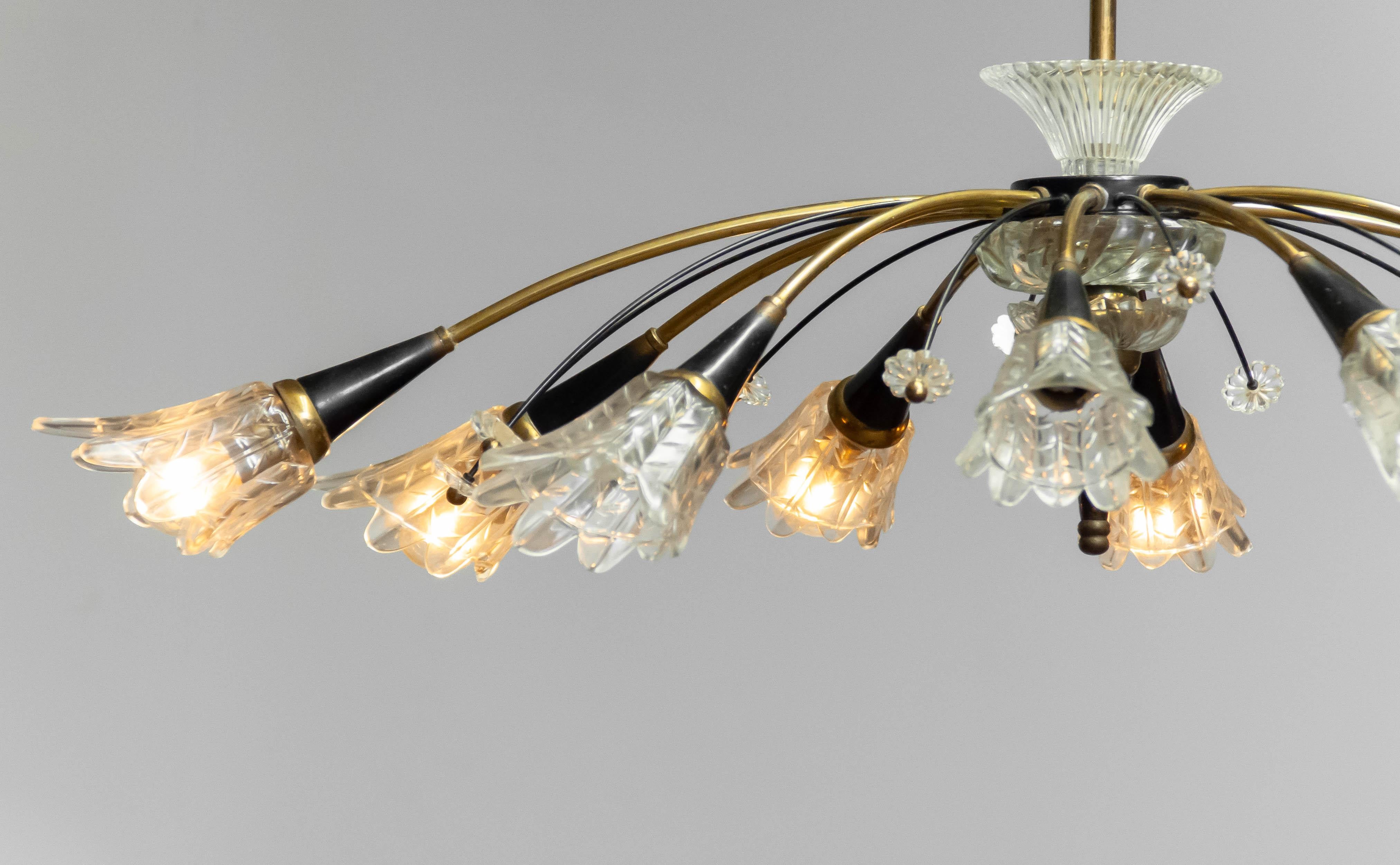 Copper 1950's Large 10 Arms Oval Black, Brass and Art Glass Chandelier by Maison Lunel