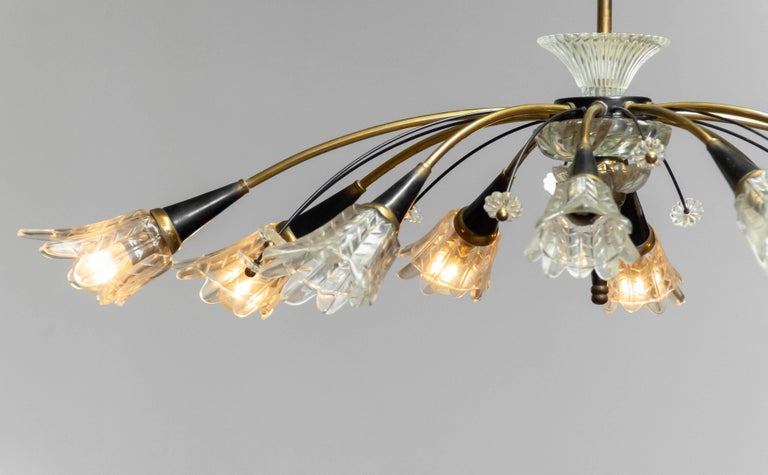 Copper 1950's Large 10 Arms Oval Black, Brass and Art Glass Chandelier by Maison Lunel For Sale