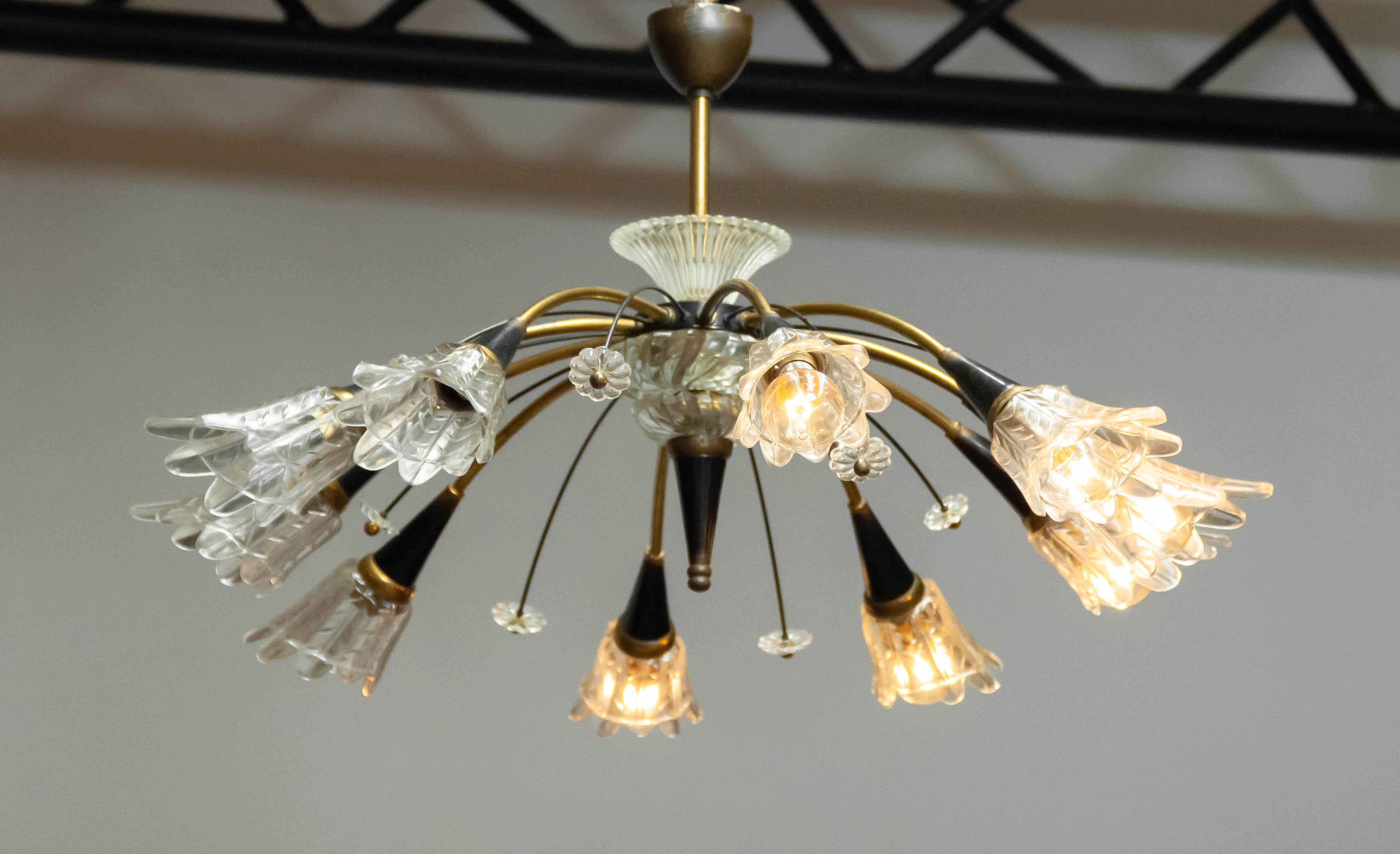 1950's Large 10 Arms Oval Black, Brass and Art Glass Chandelier by Maison Lunel 1