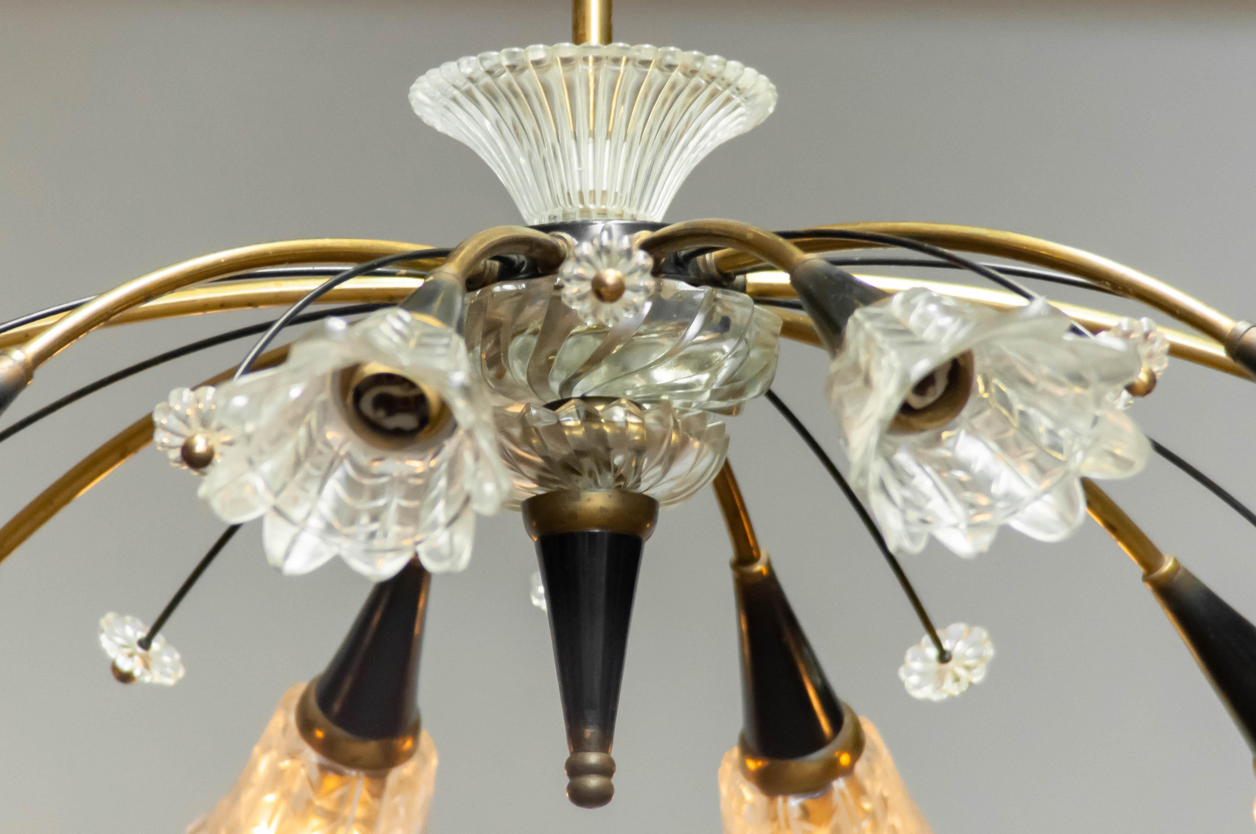 1950's Large 10 Arms Oval Black, Brass and Art Glass Chandelier by Maison Lunel 2