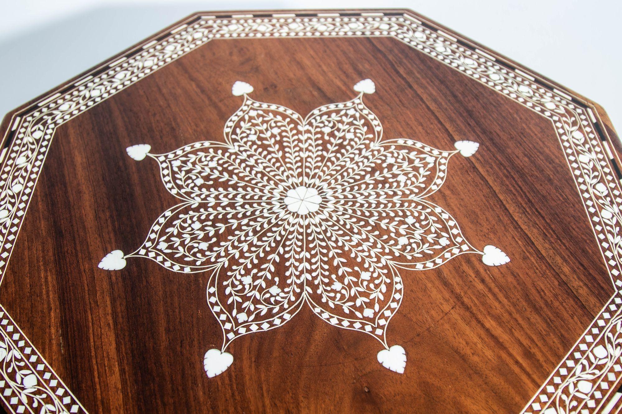 1950s Large and Intricately Bone Inlaid Anglo Indian Octagonal Side Table 3