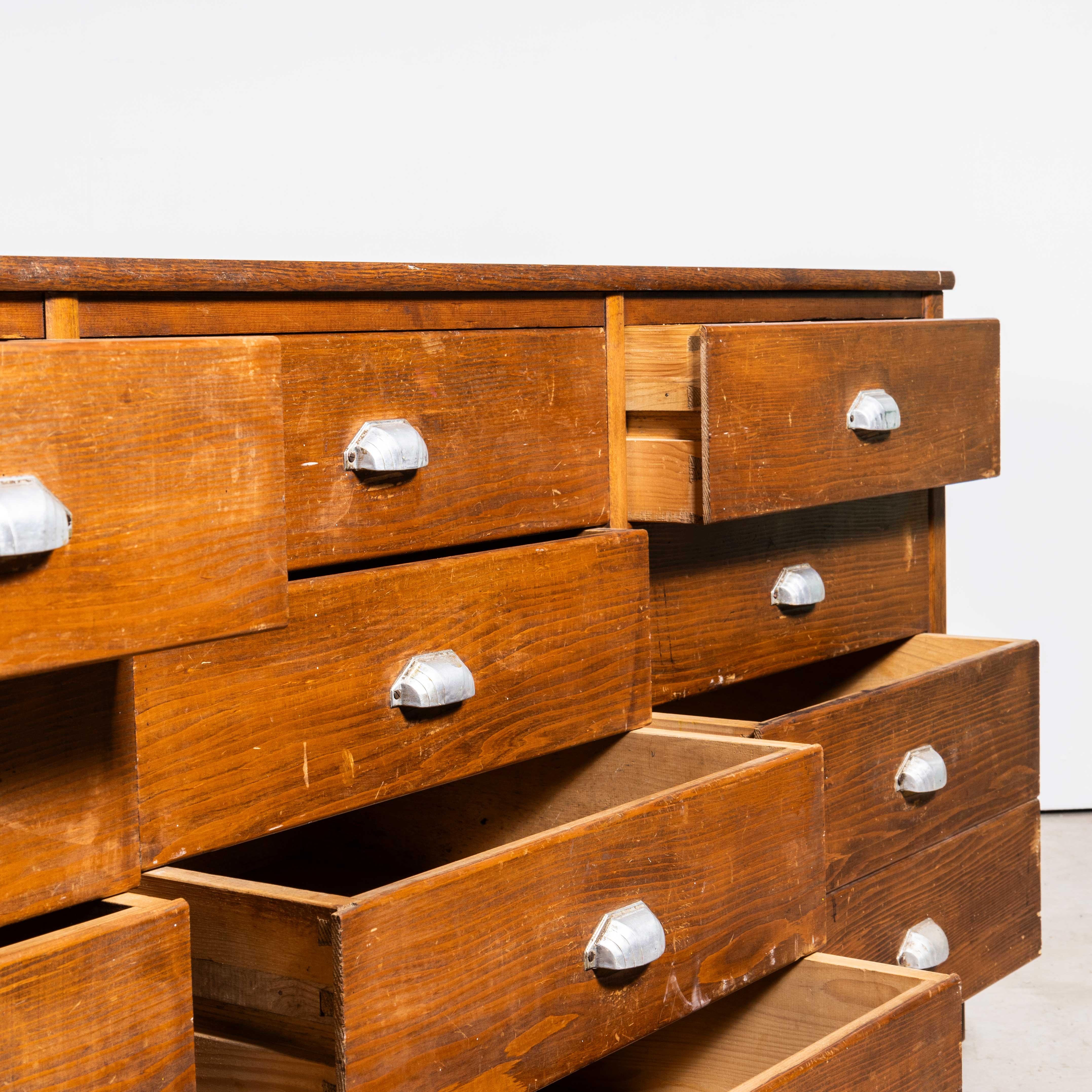 1950’s Large Bank Of French Workshop Drawers – Twenty Drawers
1950’s Large Bank Of French Workshop Drawers – Twenty Drawers. Good set of original workshop drawers sourced in the east of France. Made almost entirely from pitch pine with big generous