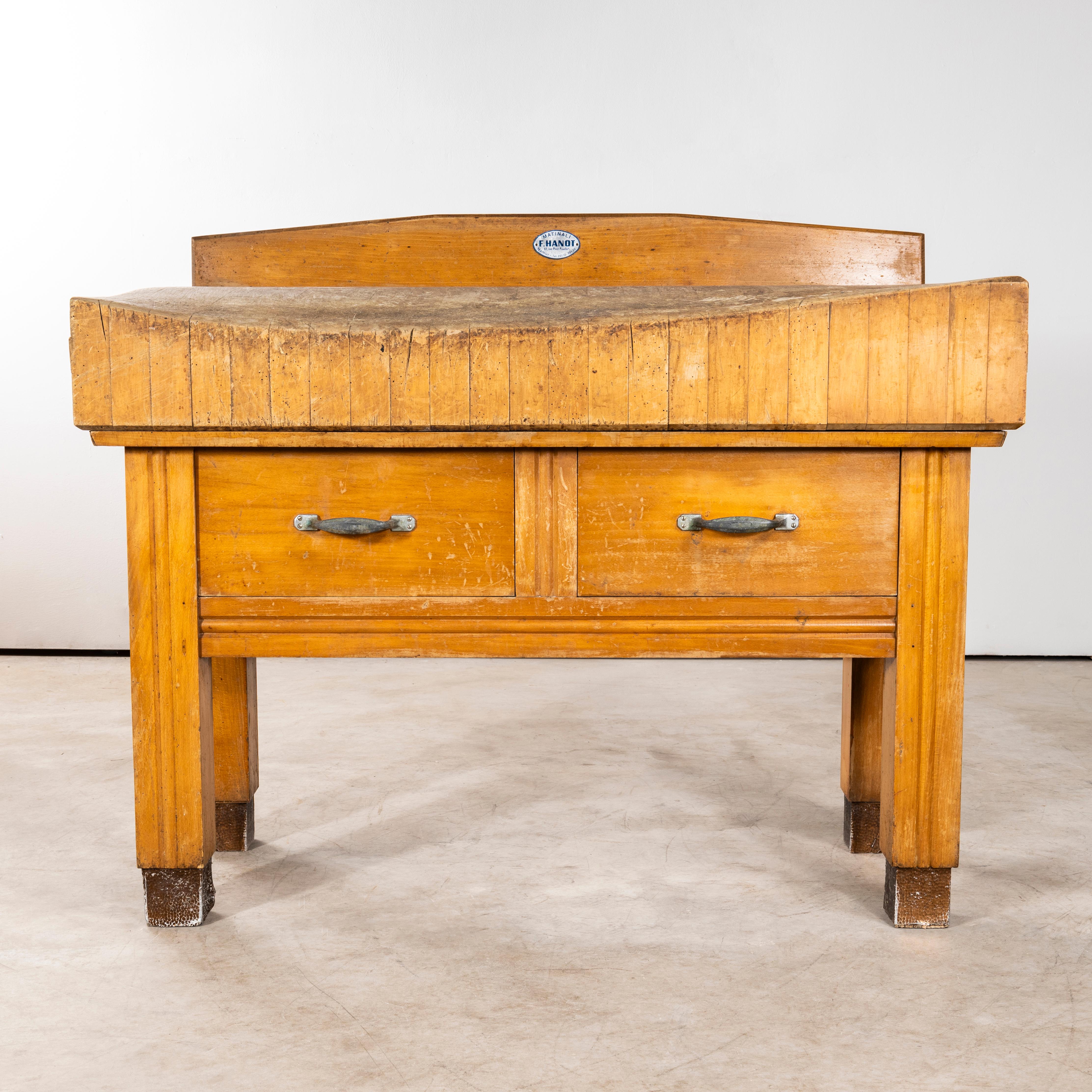 1950's Large Belgian Butchers Workstation - Butchers Block. 

Very large substantial butchers workstation from Namur in Belgium made by Hanot. Made in solid beech throughout with a superb end grain butchers block complete with a knife slot and two