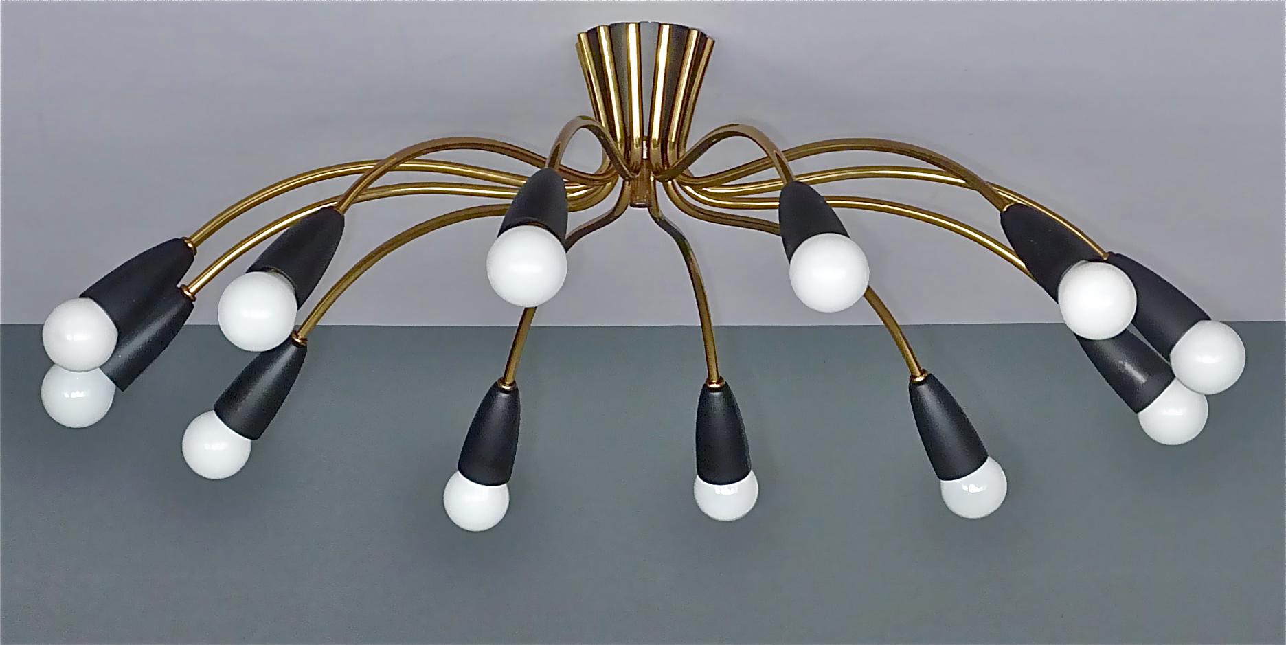 Large midcentury 12-light sputnik flush mount or ceiling chandelier made by Kaiser, Kalmar or Stilnovo, Germany, Austria or Italy, circa 1950s. The elegant patinated brass ceiling lamp combined with black enameled brass details and plastic caps