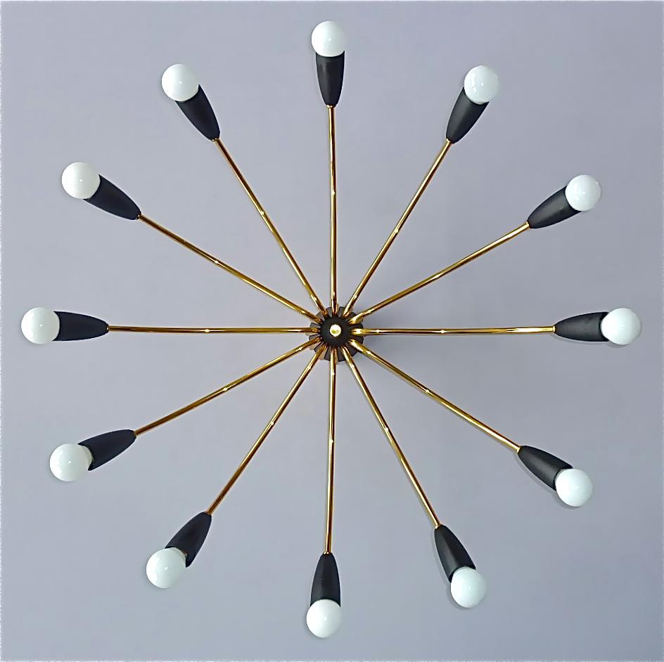 Mid-Century Modern 1950s Large Black Brass Sputnik Flush Mount Ceiling Lamp Kaiser Kalmar Stilnovo
