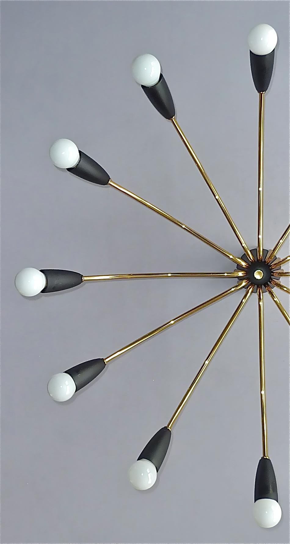 German 1950s Large Black Brass Sputnik Flush Mount Ceiling Lamp Kaiser Kalmar Stilnovo