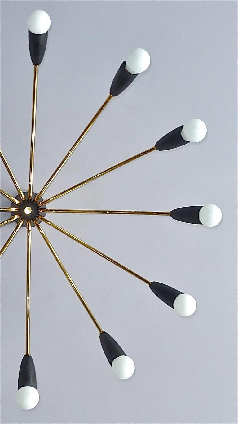 1950s Large Black Brass Sputnik Flush Mount Ceiling Lamp Kaiser Kalmar