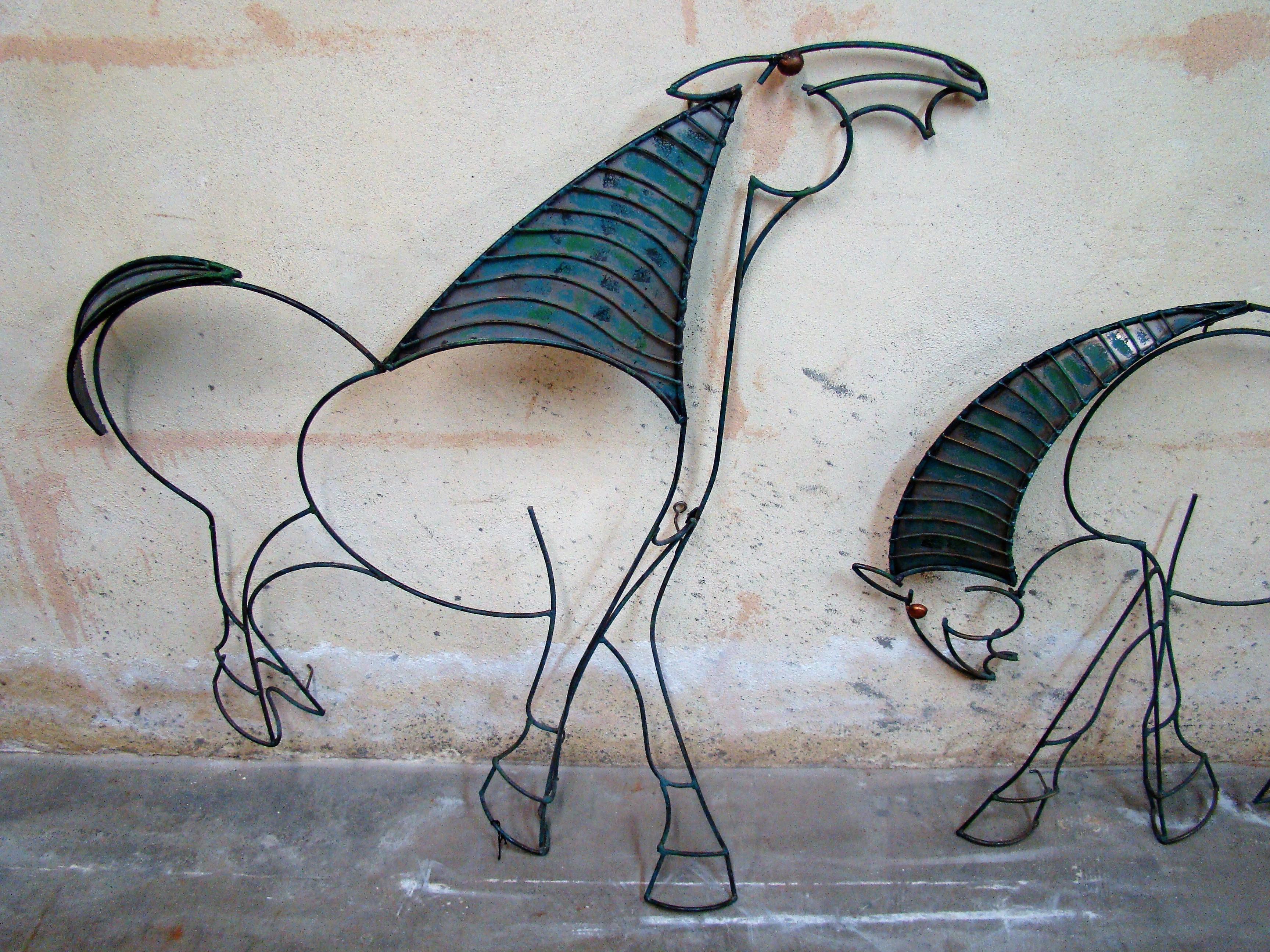 Hand-Crafted 1950s Large Blue Patinated Metal Wire Wall Sculpture Pair of Horses