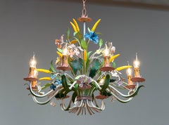 1950s Large Boho Chic Italian Tole Painted Metal Chandelier With Floral Decor