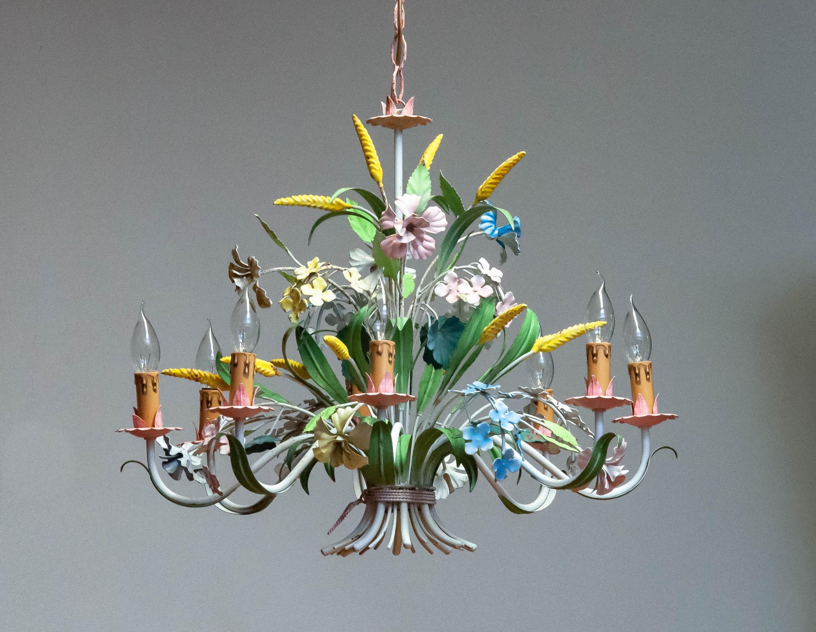 1950s Large Boho Chic Italian Tole Painted Metal Chandelier With Floral Decor 2