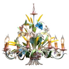 1950s Large Boho Chic Italian Tole Painted Metal Chandelier With Floral Decor