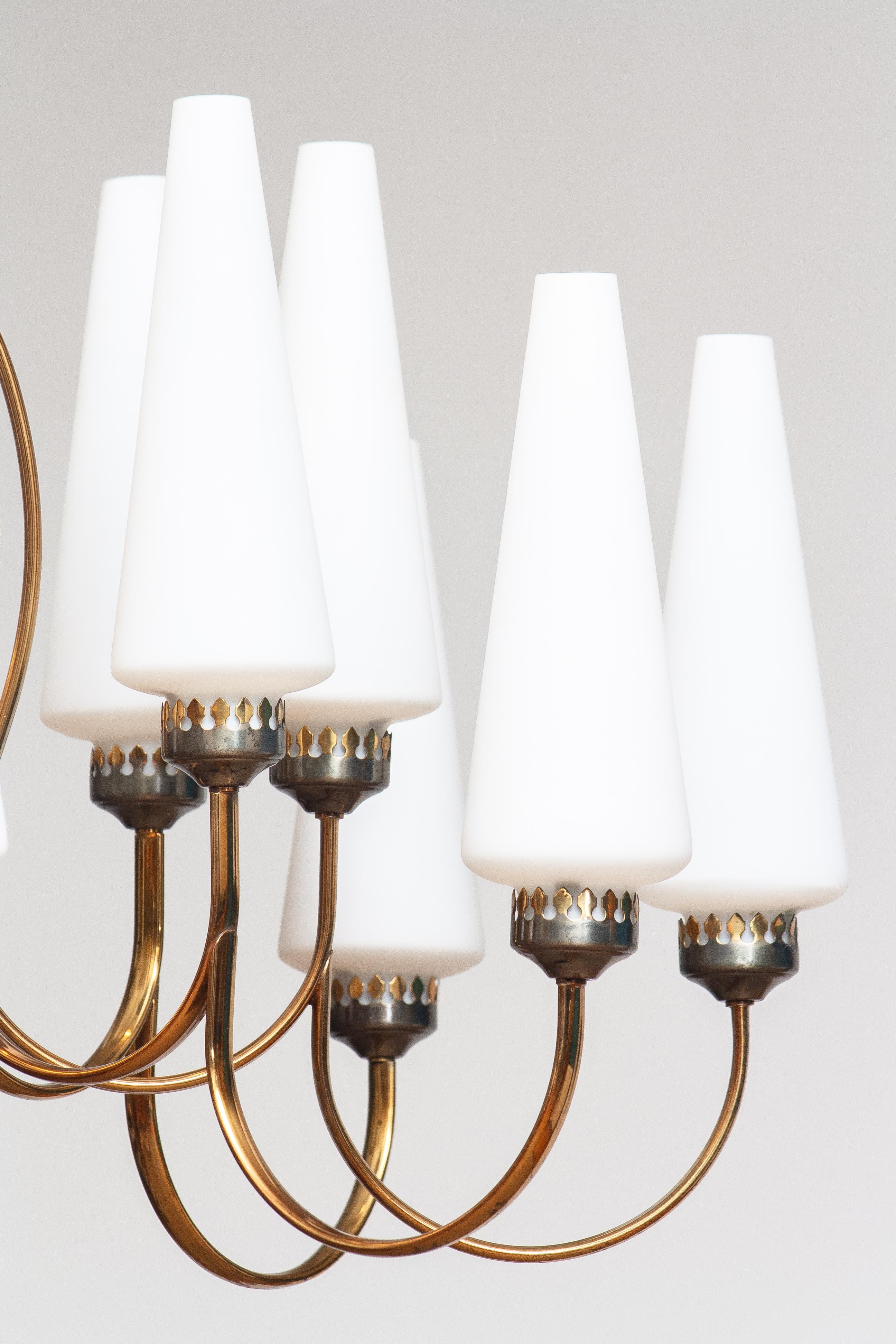 1950s, Large Brass Chandelier by Stilnovo with Large White Murano Vases, Italy 5