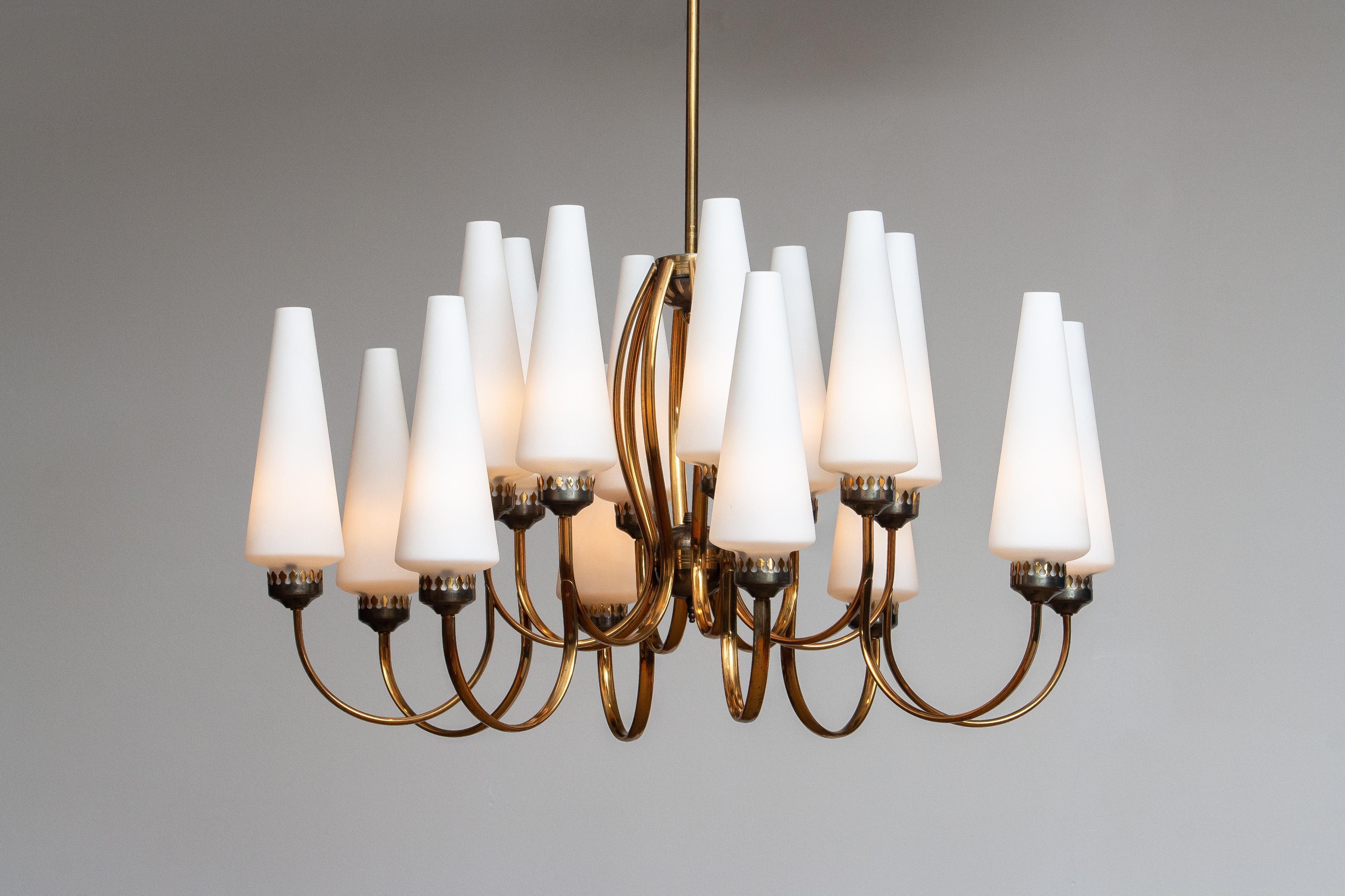 1950s, Large Brass Chandelier by Stilnovo with Large White Murano Vases, Italy 6