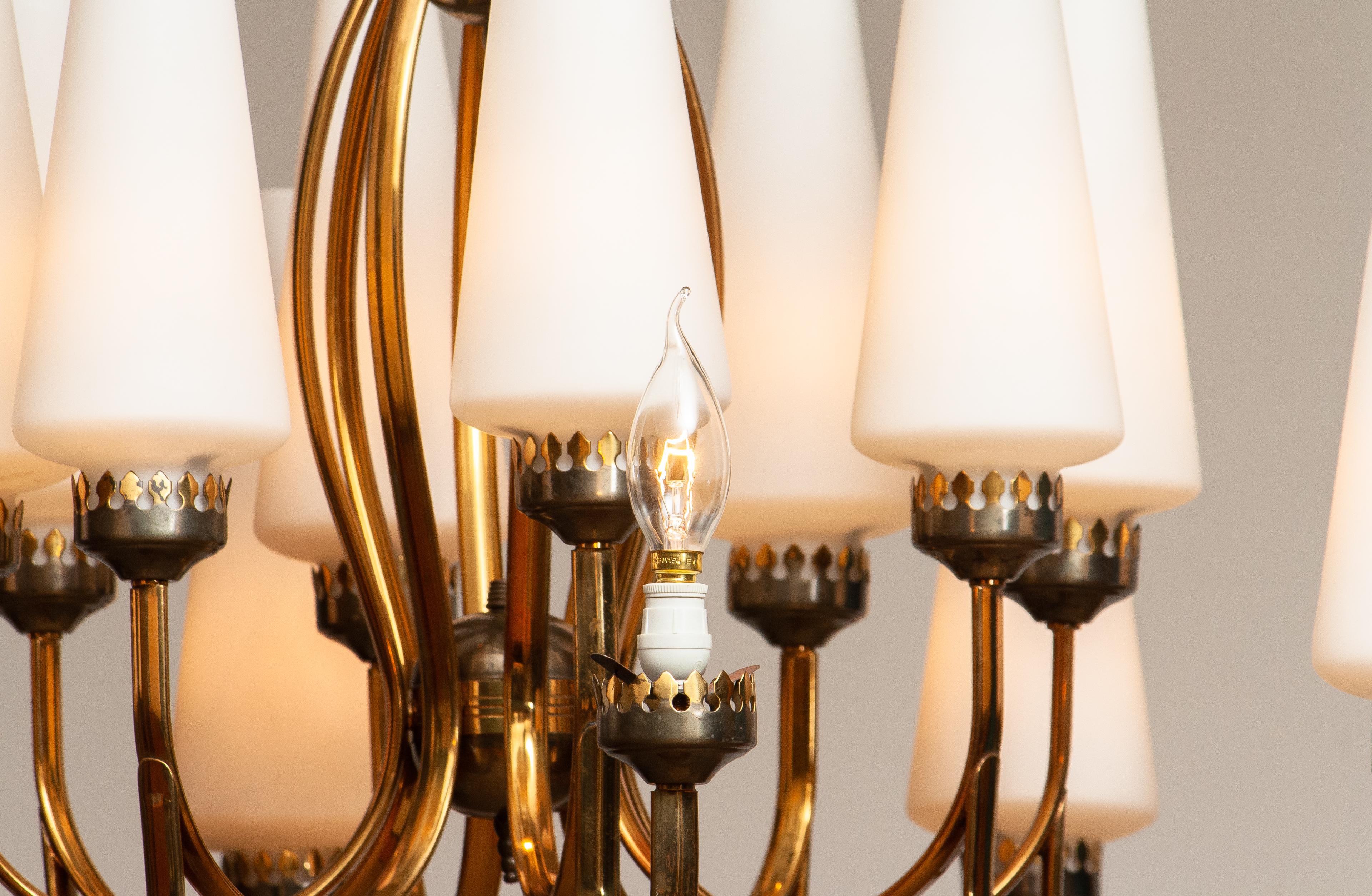 1950s, Large Brass Chandelier by Stilnovo with Large White Murano Vases, Italy 8