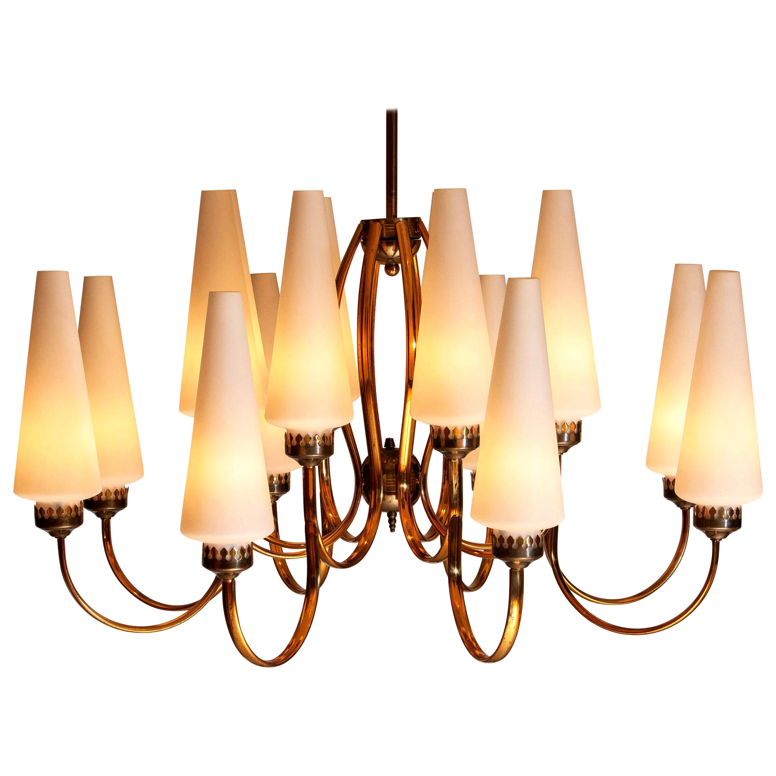 Mid-Century Modern 1950s, Large Brass Chandelier by Stilnovo with Large White Murano Vases, Italy