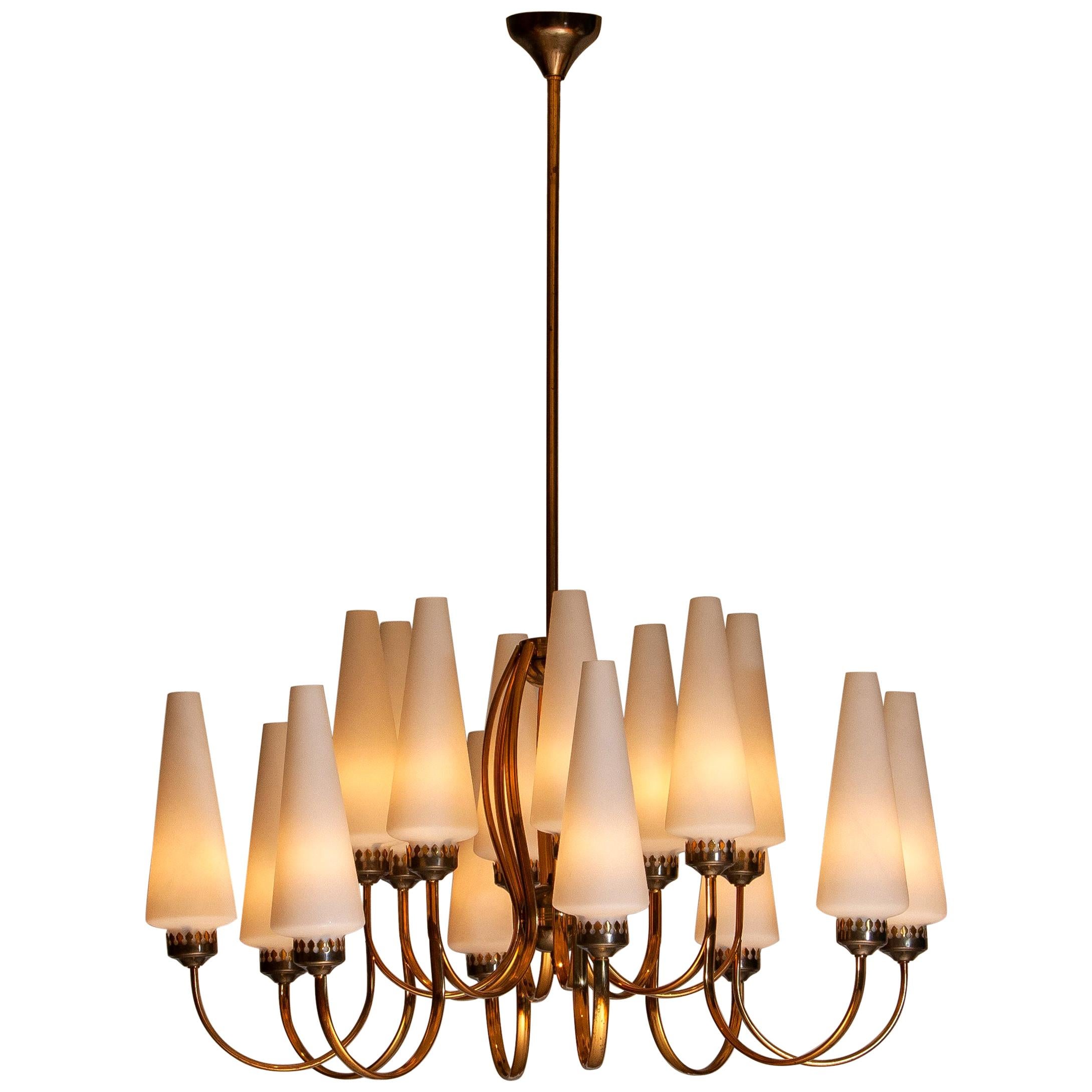 Italian 1950s, Large Brass Chandelier by Stilnovo with Large White Murano Vases, Italy