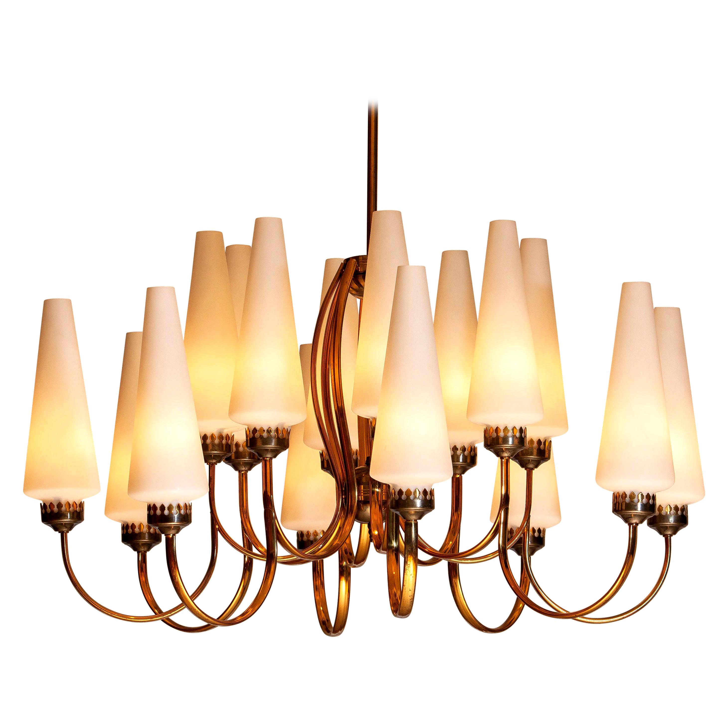 Italian 1950s, Large Brass Chandelier by Stilnovo with Large White Murano Vases, Italy