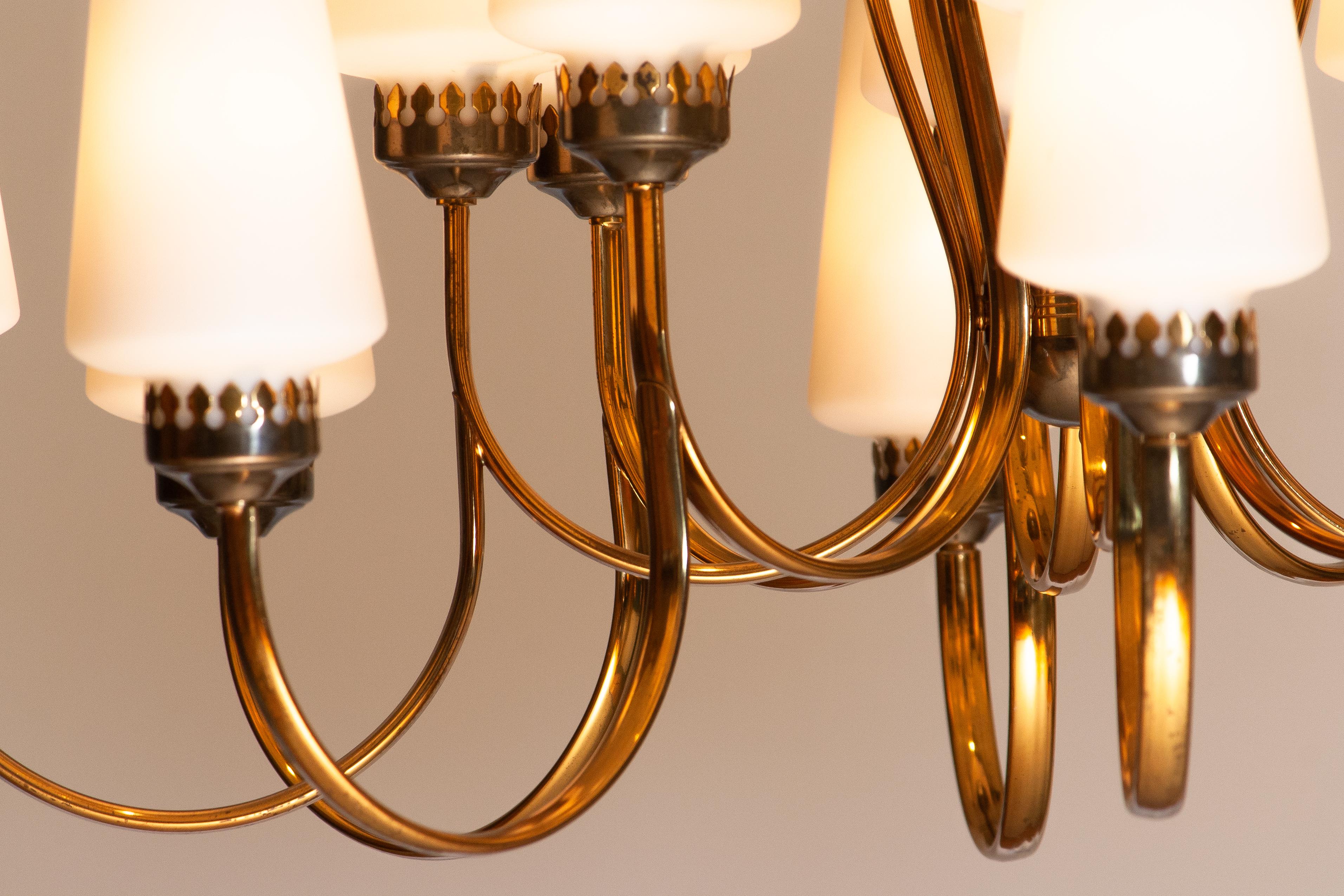 Mid-20th Century 1950s, Large Brass Chandelier by Stilnovo with Large White Murano Vases, Italy