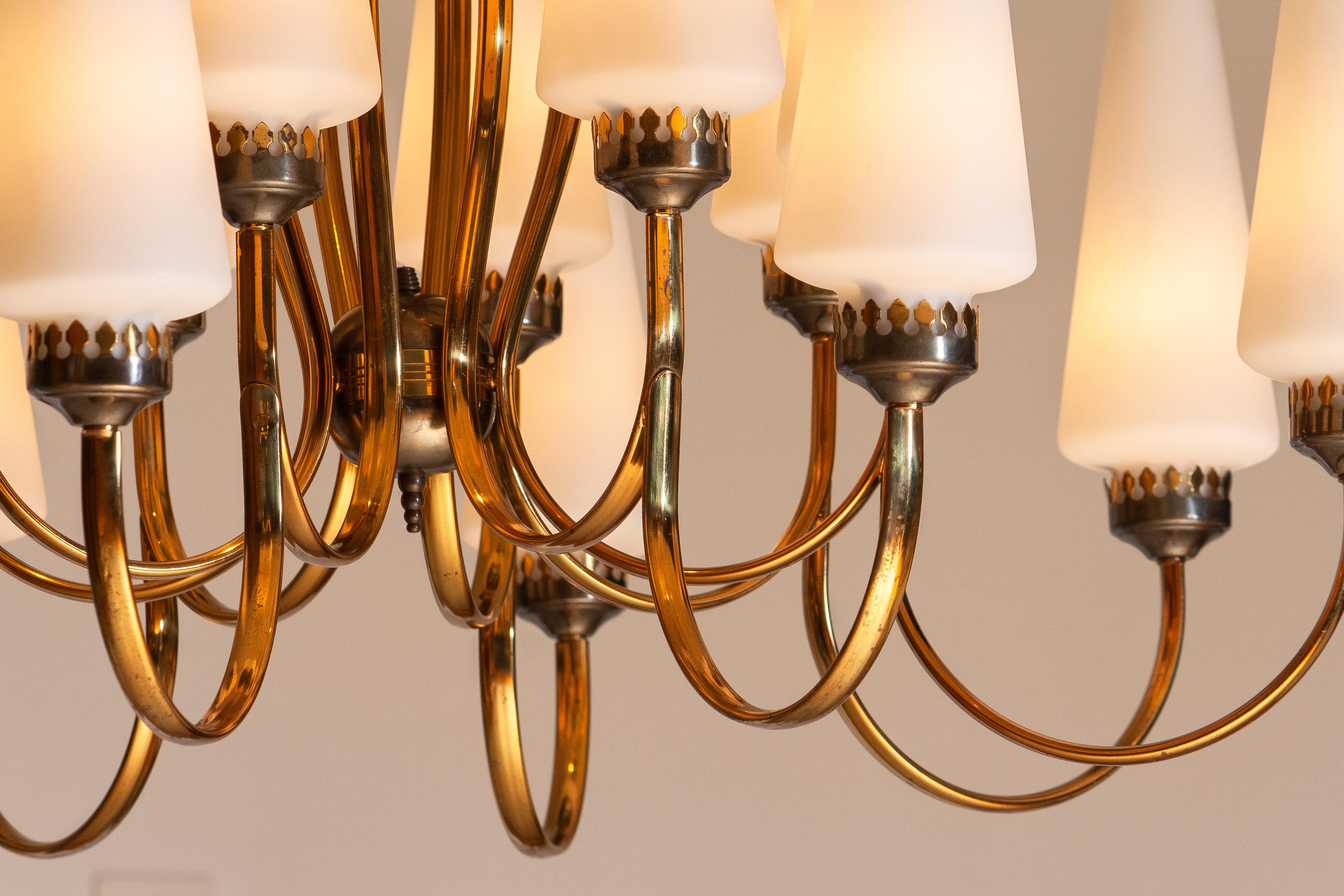 1950s, Large Brass Chandelier by Stilnovo with Large White Murano Vases, Italy 1