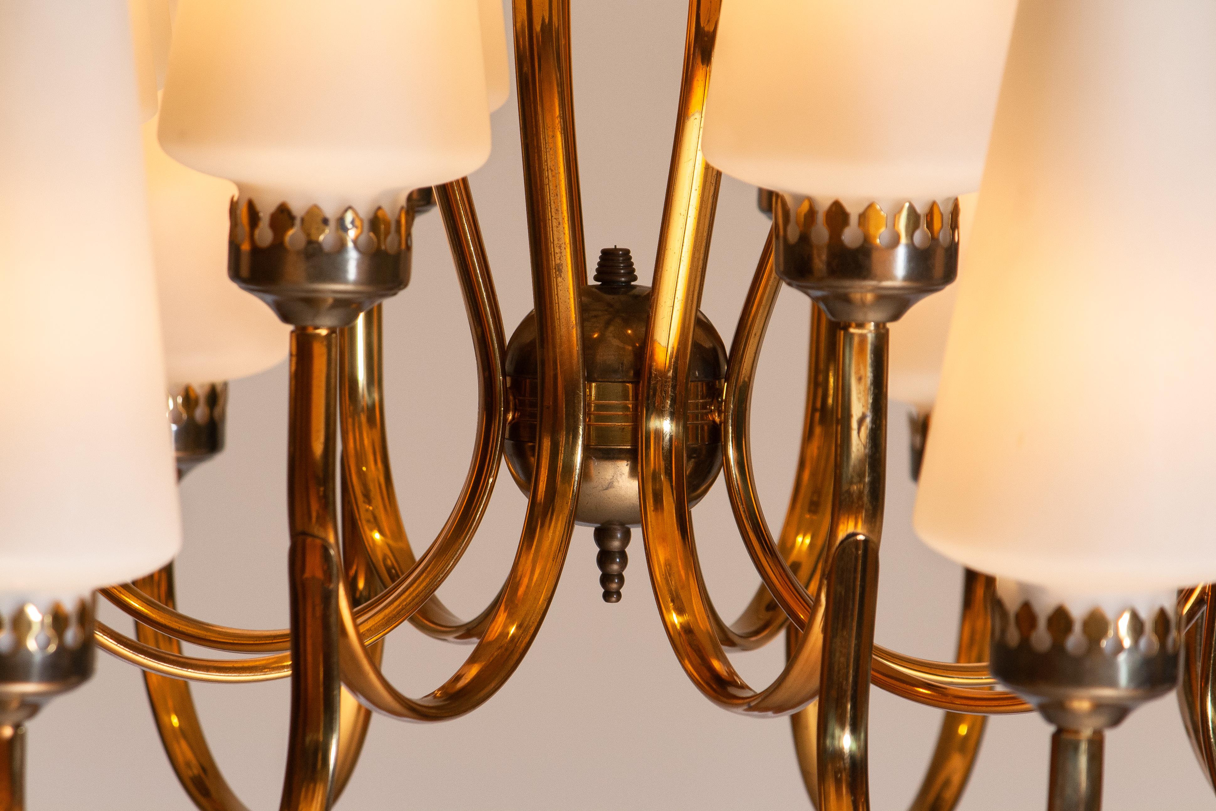 1950s, Large Brass Chandelier by Stilnovo with Large White Murano Vases, Italy 2